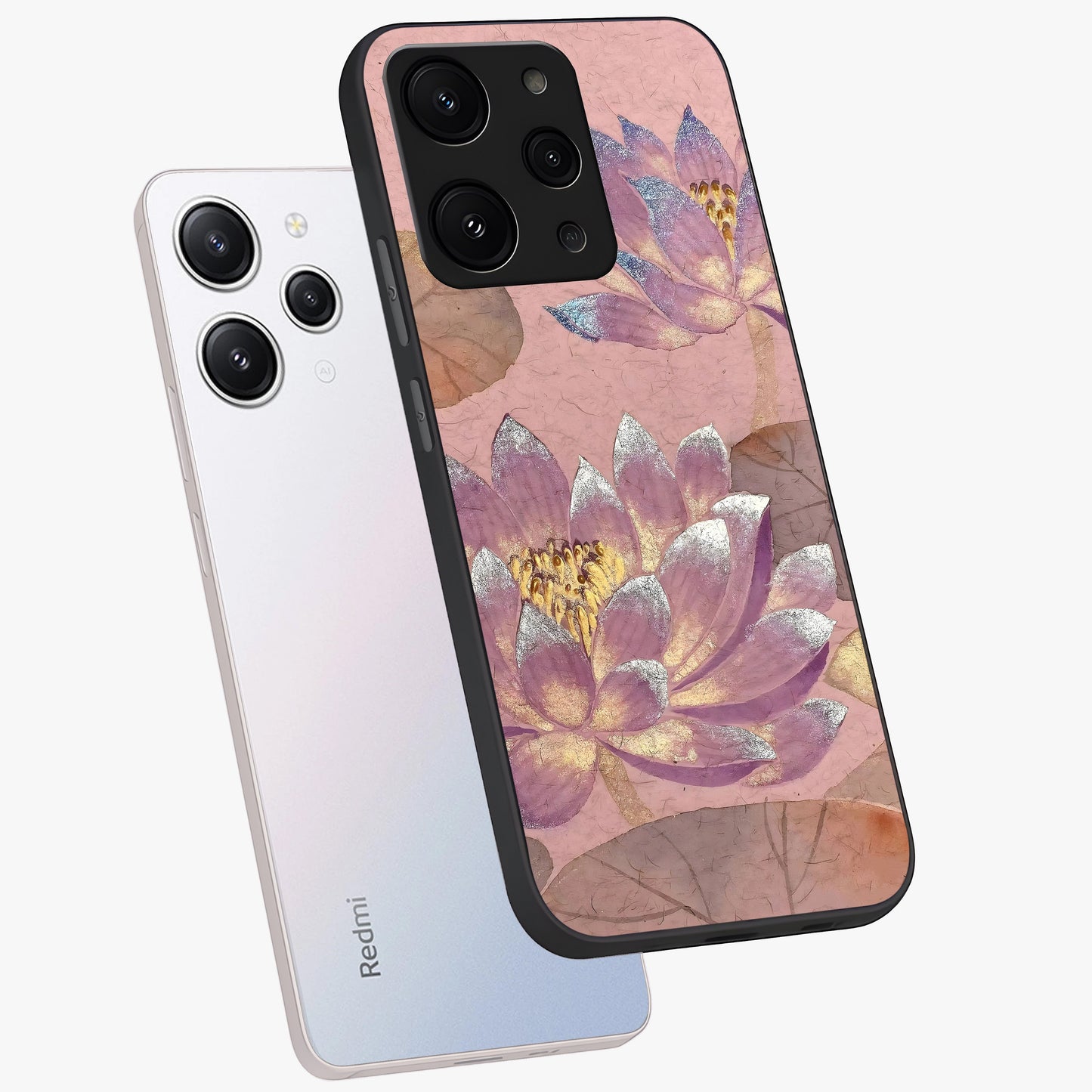 Blossom Mist Lotus Glass Case displayed in angled mockup highlighting delicate lotus illustration with calm aesthetic theme.
