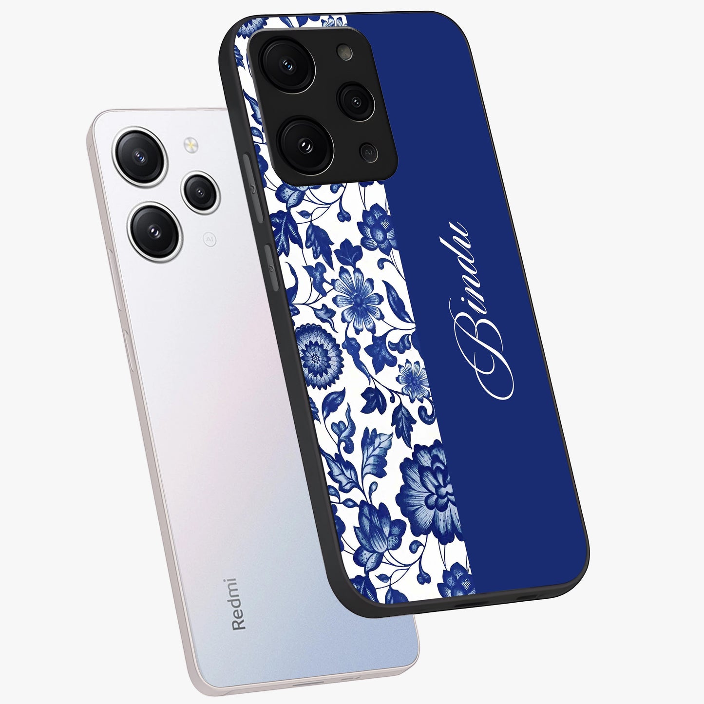 Blue Vintage Floral Pattern Glass Case displayed in angled mockup highlighting subtle bloom pattern with aesthetic pastel design.
