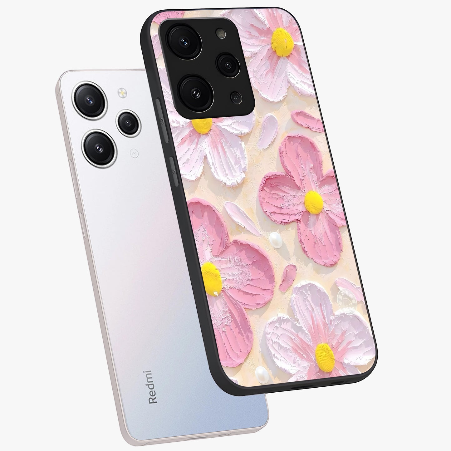 Blush Bloom Texture Glass Case displayed in angled mockup highlighting subtle bloom pattern with aesthetic pastel design.