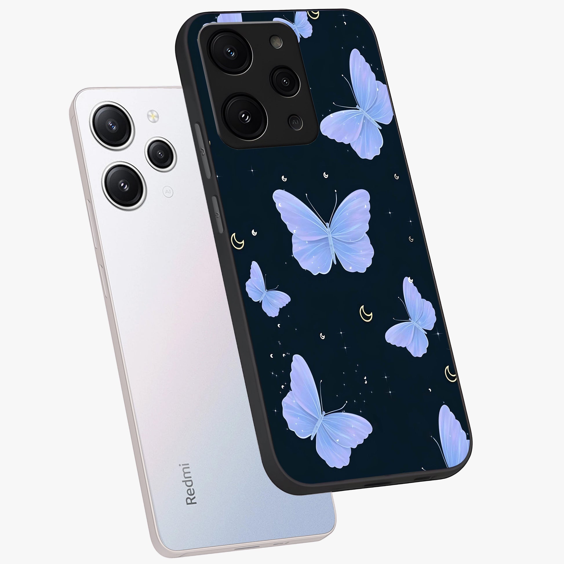 Butterfly With Stars Pattern Glass Case displayed in angled mockup highlighting dreamy butterfly and star design with aesthetic theme.