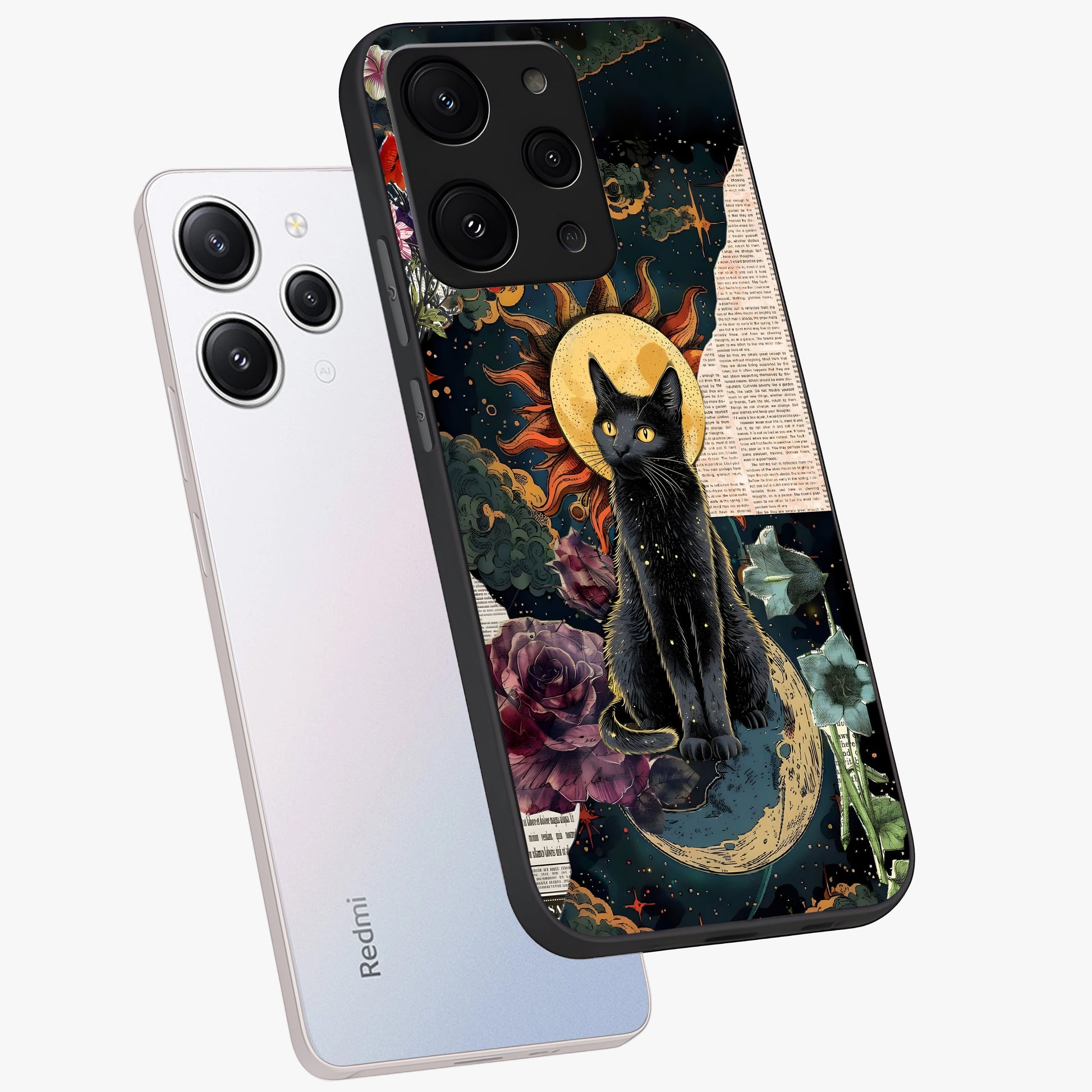 Celestial Black Cat Glass Case displayed in angled mockup highlighting cosmic black cat design with celestial aesthetic.