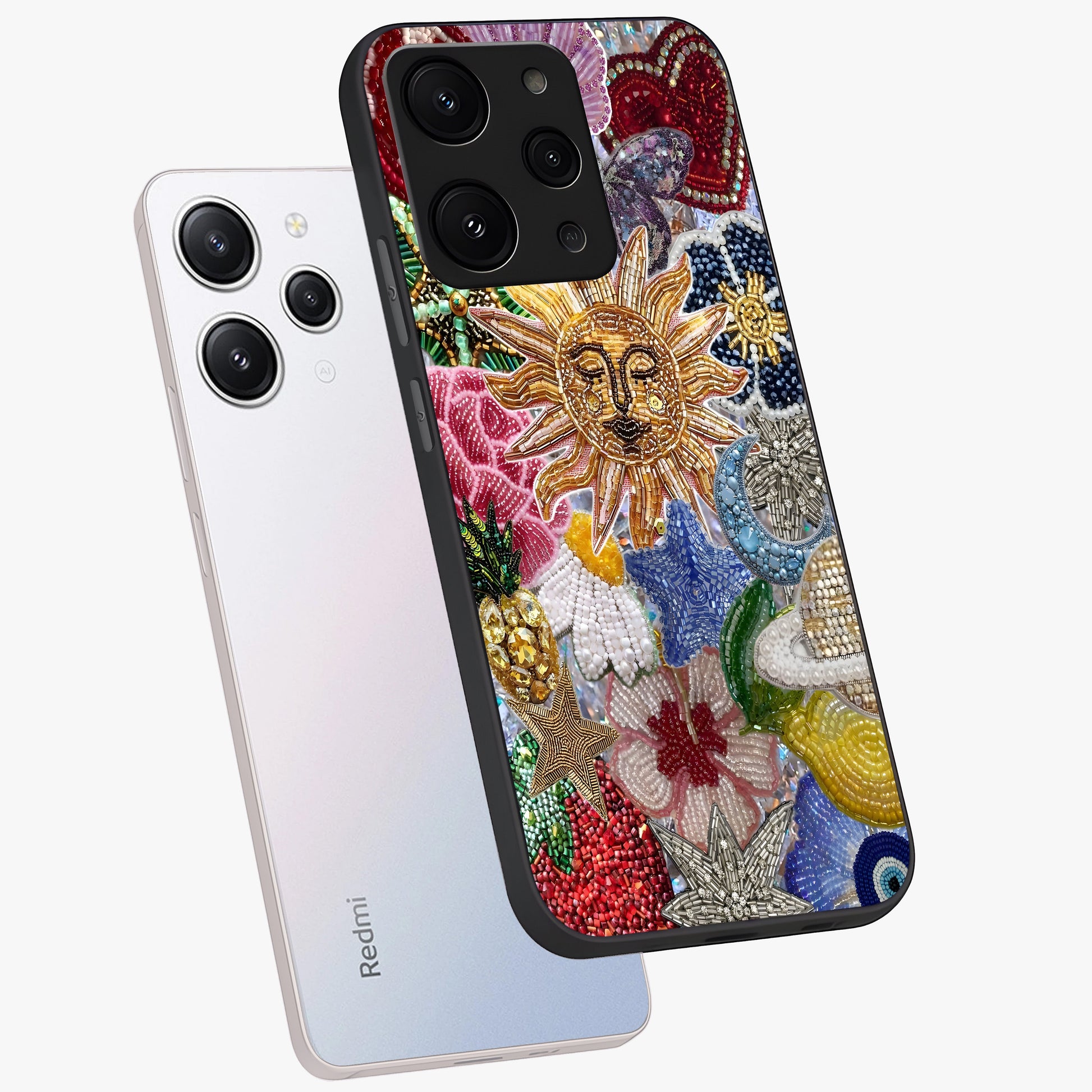 Celestial Floral and Playful Glass Case displayed in angled mockup highlighting playful floral design with dreamy celestial elements.