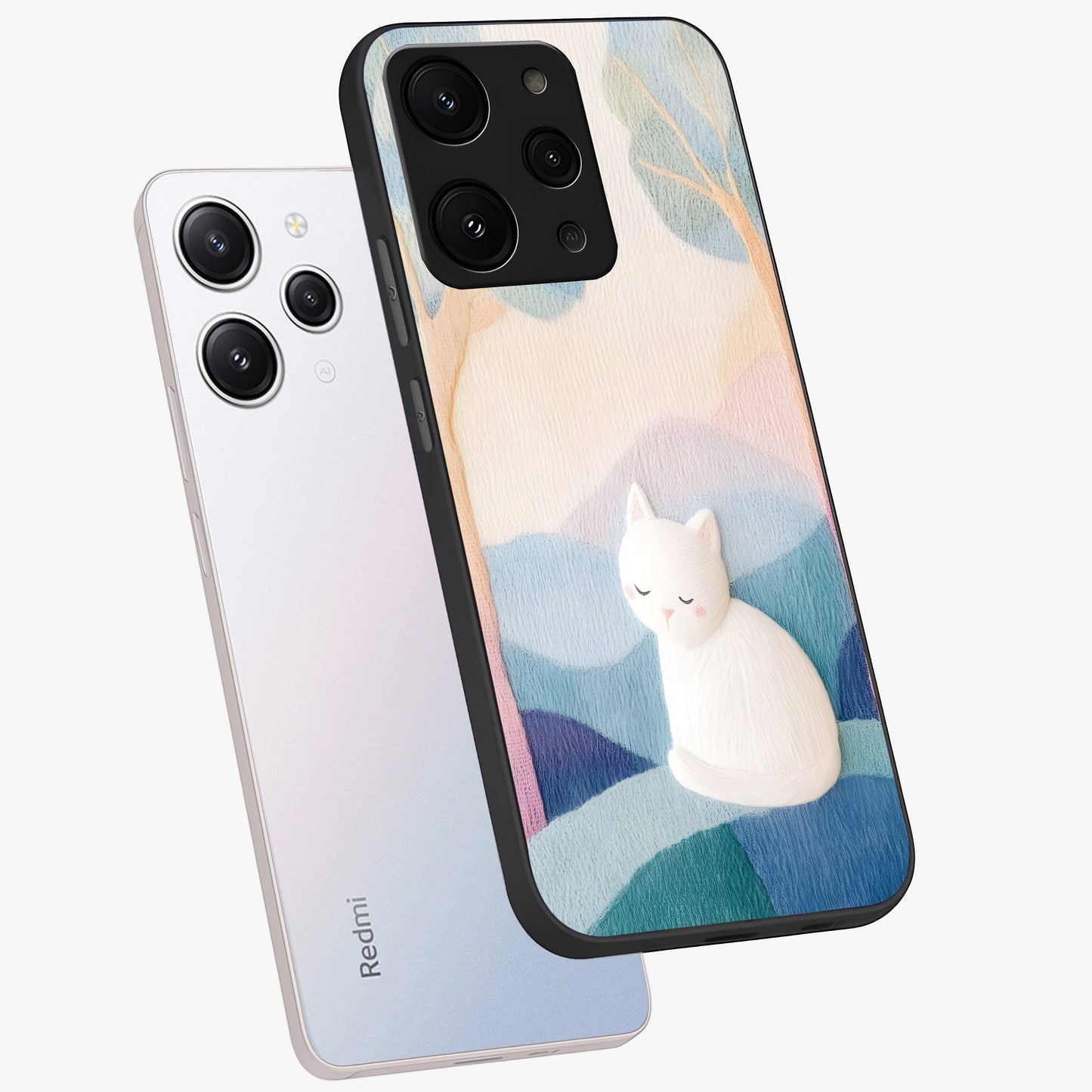 Cotton Dream Cat Glass Case displayed in angled mockup highlighting cute feline illustration with pastel aesthetic style.