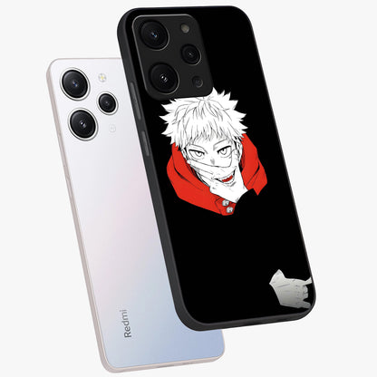 Crimson Chaos Smile Glass Case displayed in angled mockup highlighting edgy crimson smile design with graphic aesthetic.