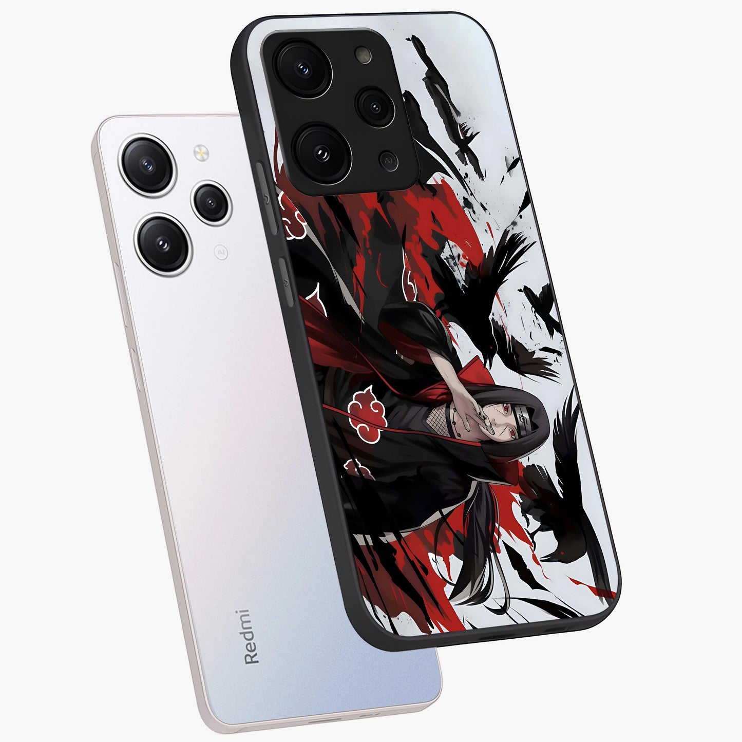 Crimson Crow Illusion Glass Case displayed in angled mockup highlighting mysterious crow graphic with dark aesthetic style.