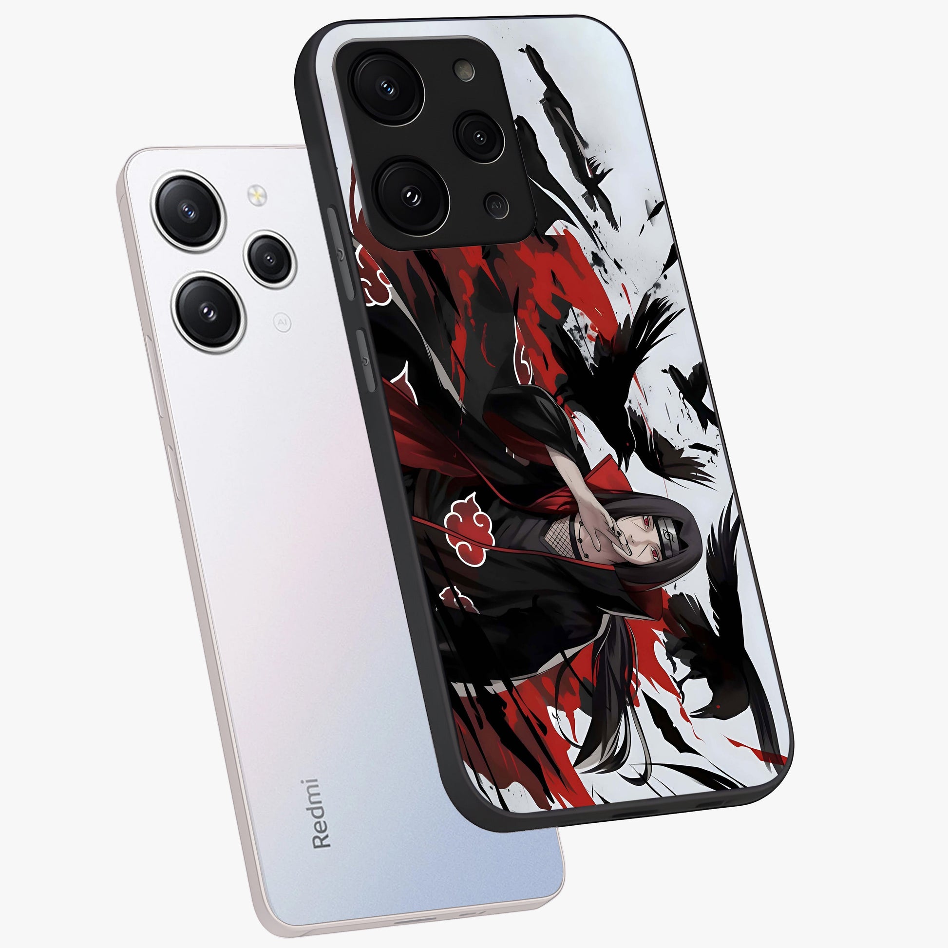 Crimson Crow Illusion Glass Case displayed in angled mockup highlighting mysterious crow graphic with dark aesthetic style.