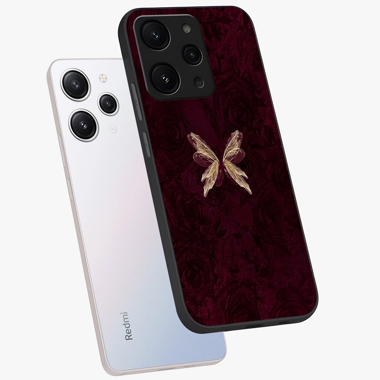Crimson Fade Butterfly Glass Case displayed in angled mockup highlighting elegant butterfly design with crimson gradient aesthetic.