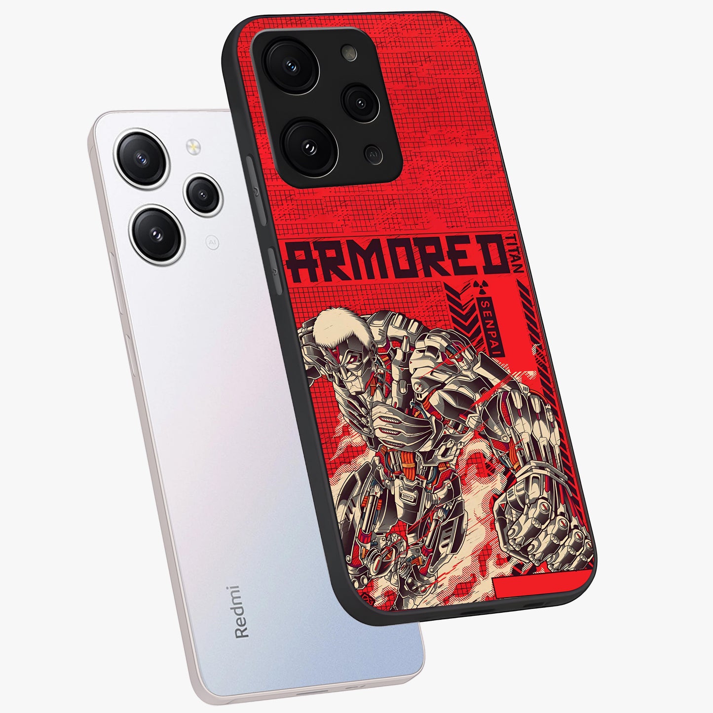 Crimson Mecha Titan Glass Case displayed in angled mockup highlighting futuristic mech illustration with bold crimson aesthetic.