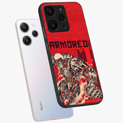Crimson Mecha Titan Glass Case displayed in angled mockup highlighting futuristic mech illustration with bold crimson aesthetic.