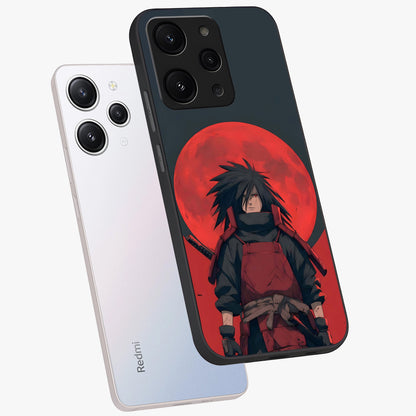 Crimson Moon Warlord Glass Case displayed in angled mockup highlighting dramatic crimson moon design with fantasy aesthetic.