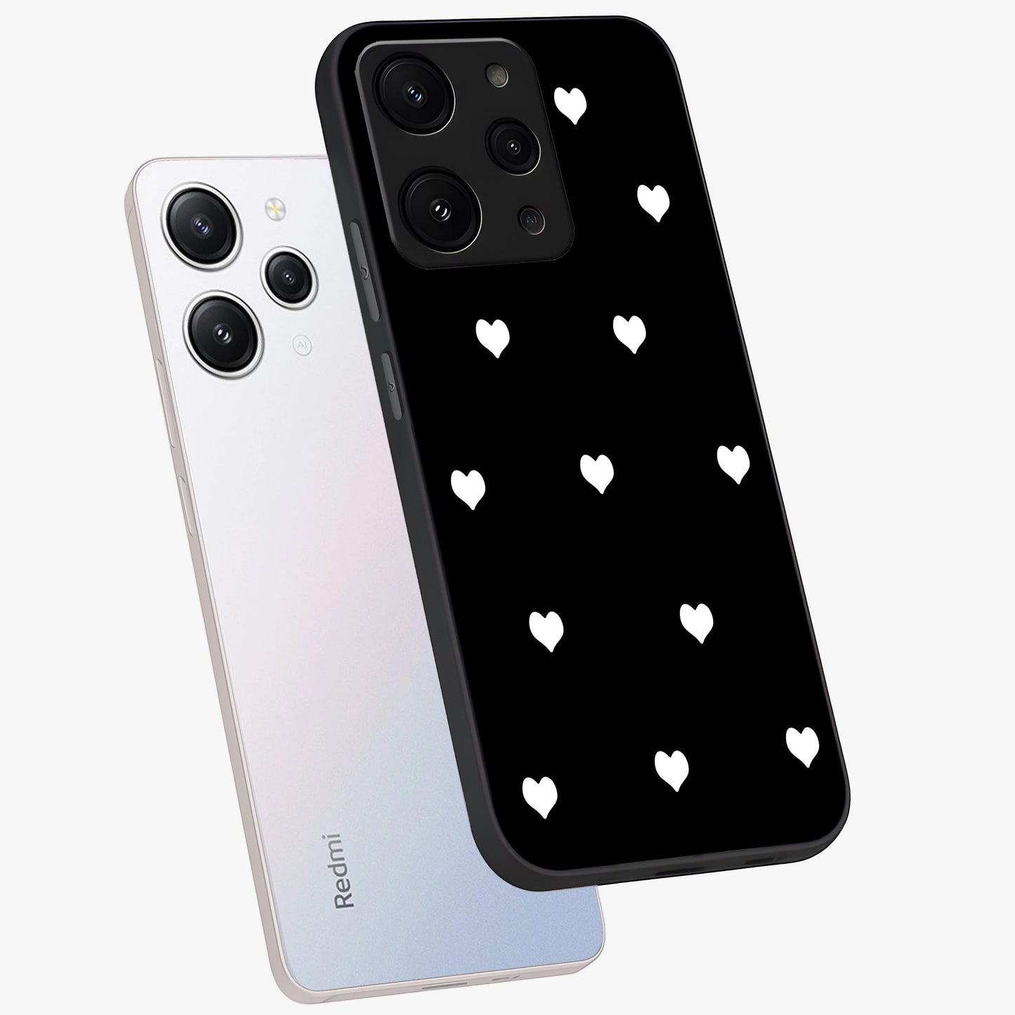 Cute And Simple White Hearts Glass Case displayed in angled mockup highlighting cute heart design with clean aesthetic style.