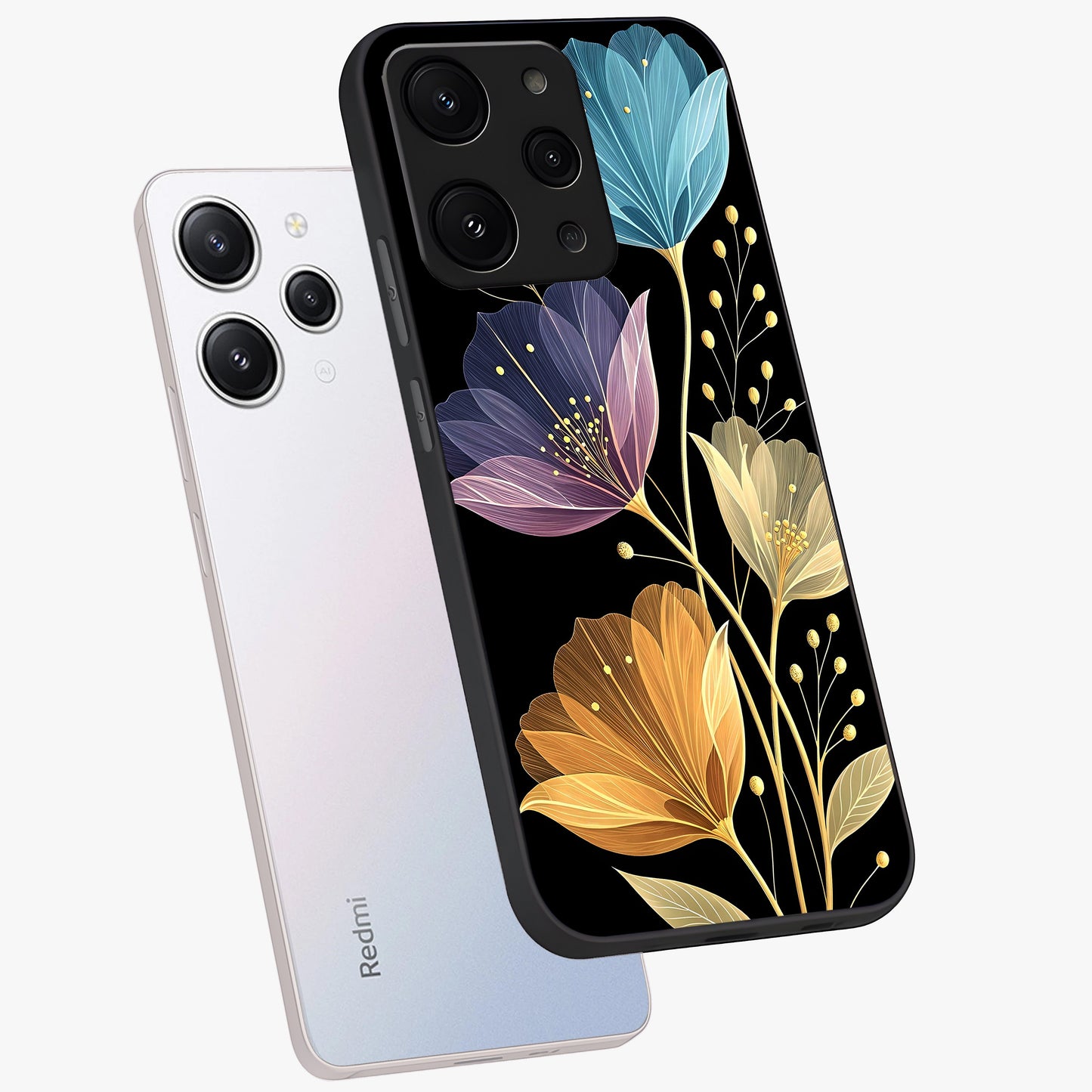 Delicate Multicolor Flowers Glass Case displayed in angled mockup highlighting colorful flower pattern with soft aesthetic style.