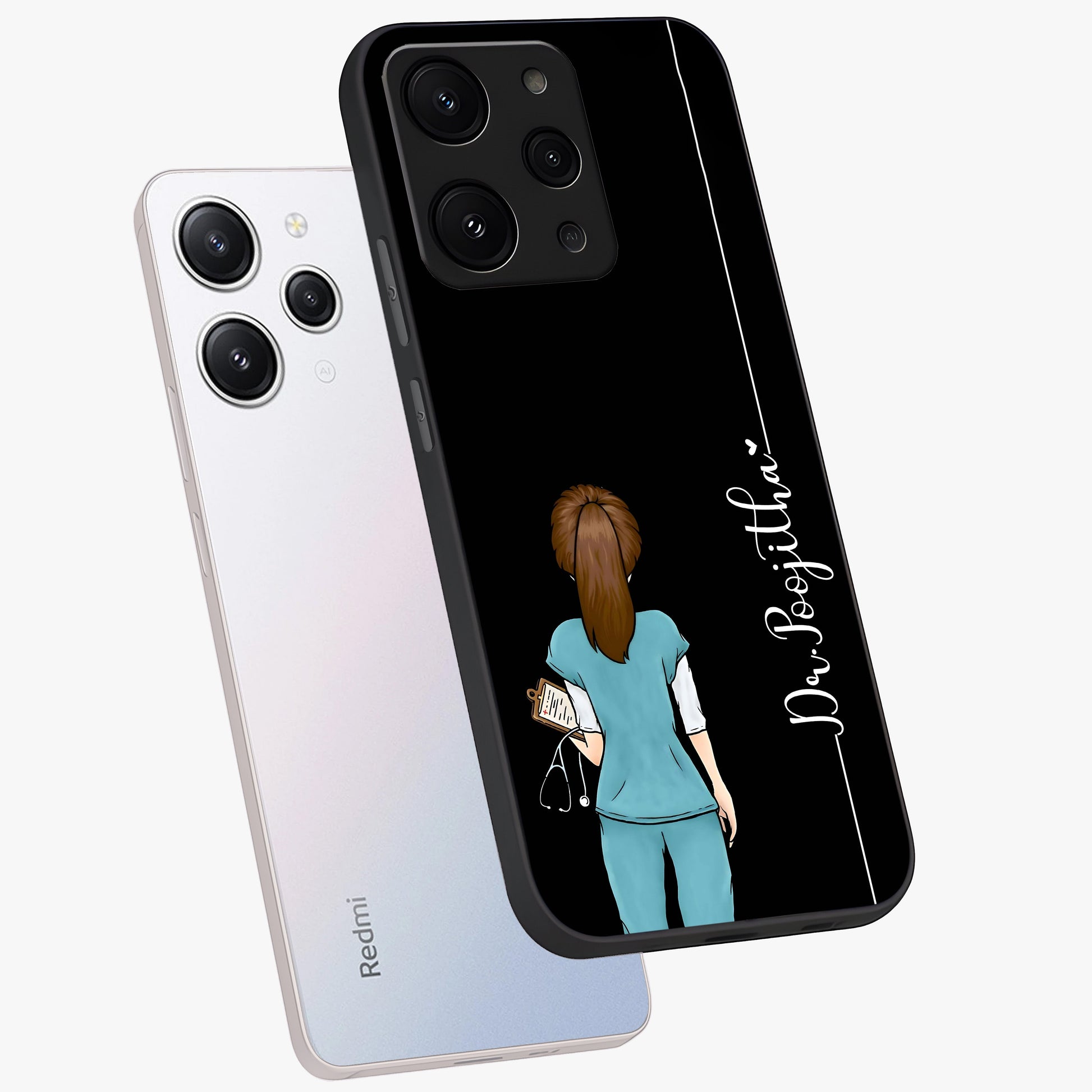 Doctor Pattern Custom Name Glass Case displayed in angled mockup highlighting doctor inspired artwork with custom name feature.