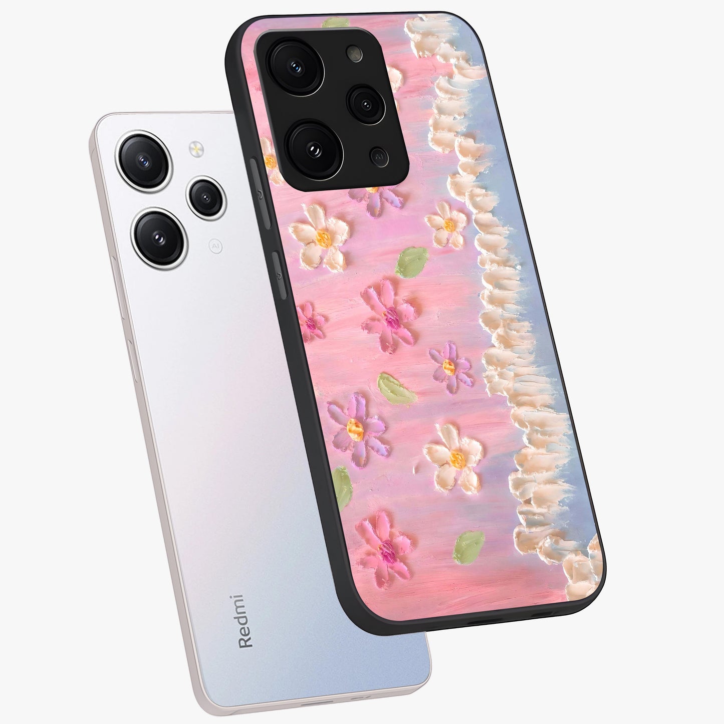 Dreamy Painted Garden Glass Case displayed in angled mockup highlighting colorful garden illustration with dreamy aesthetic style.
