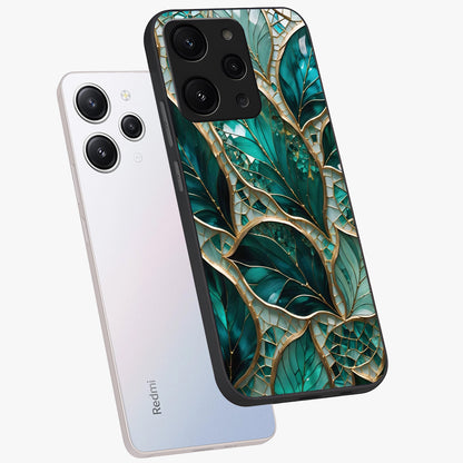 Emerald Leaf Glass Glass Case displayed in angled mockup highlighting botanical leaf illustration with elegant natural aesthetic.