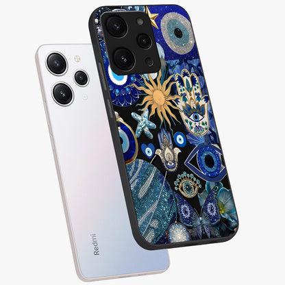 Evil Eye Charm Mix Glass Case displayed in angled mockup highlighting protective evil eye symbols with spiritual aesthetic design.