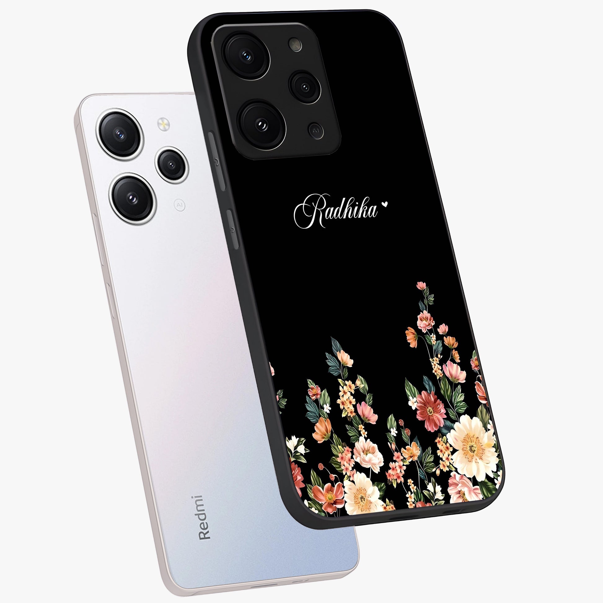 Floral Design With a Custom Personalized Name Glass Case displayed in angled mockup highlighting elegant floral pattern with custom name feature.