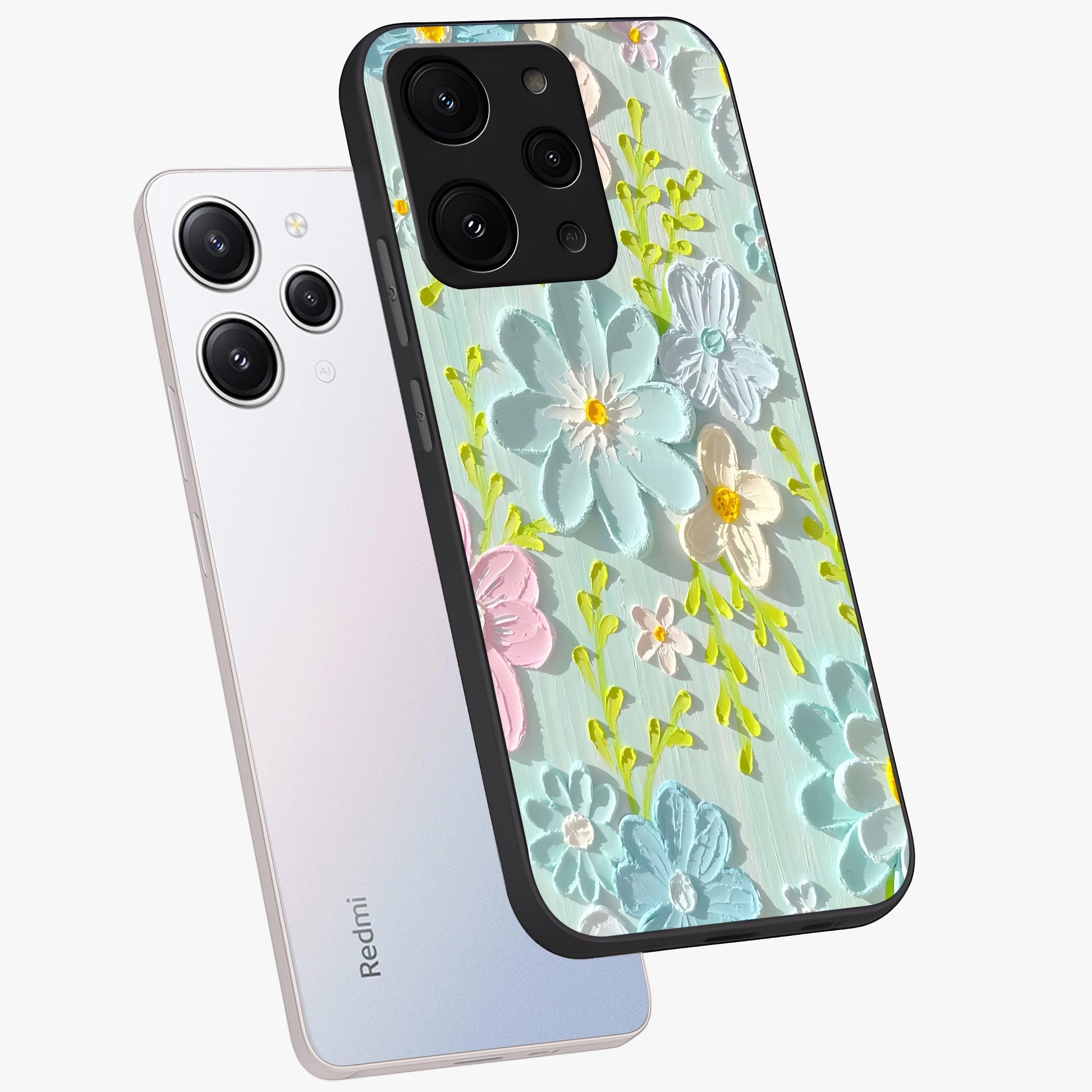Frosted Petal Garden Glass Case displayed in angled mockup highlighting delicate flower petal design with calm garden aesthetic.