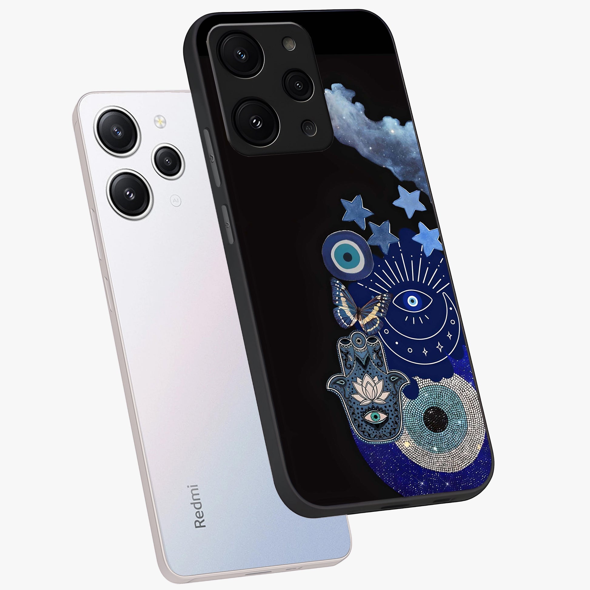 Galactic Charm Cluster Glass Case displayed in angled mockup highlighting luminous galaxy inspired design with dreamy aesthetic.