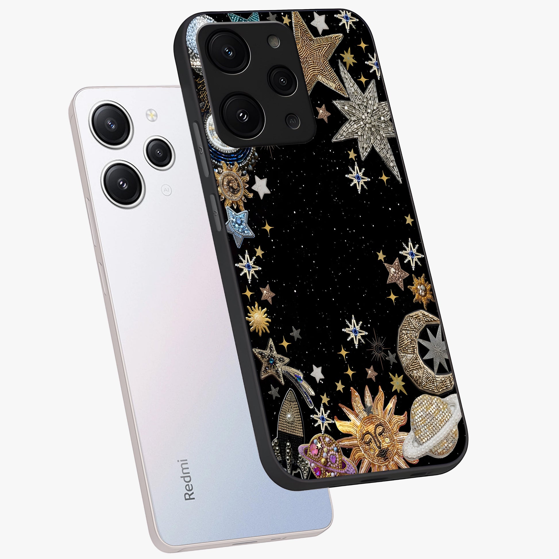 Galactic Jewel Stars Glass Case displayed in angled mockup highlighting shining celestial star design with cosmic aesthetic style.