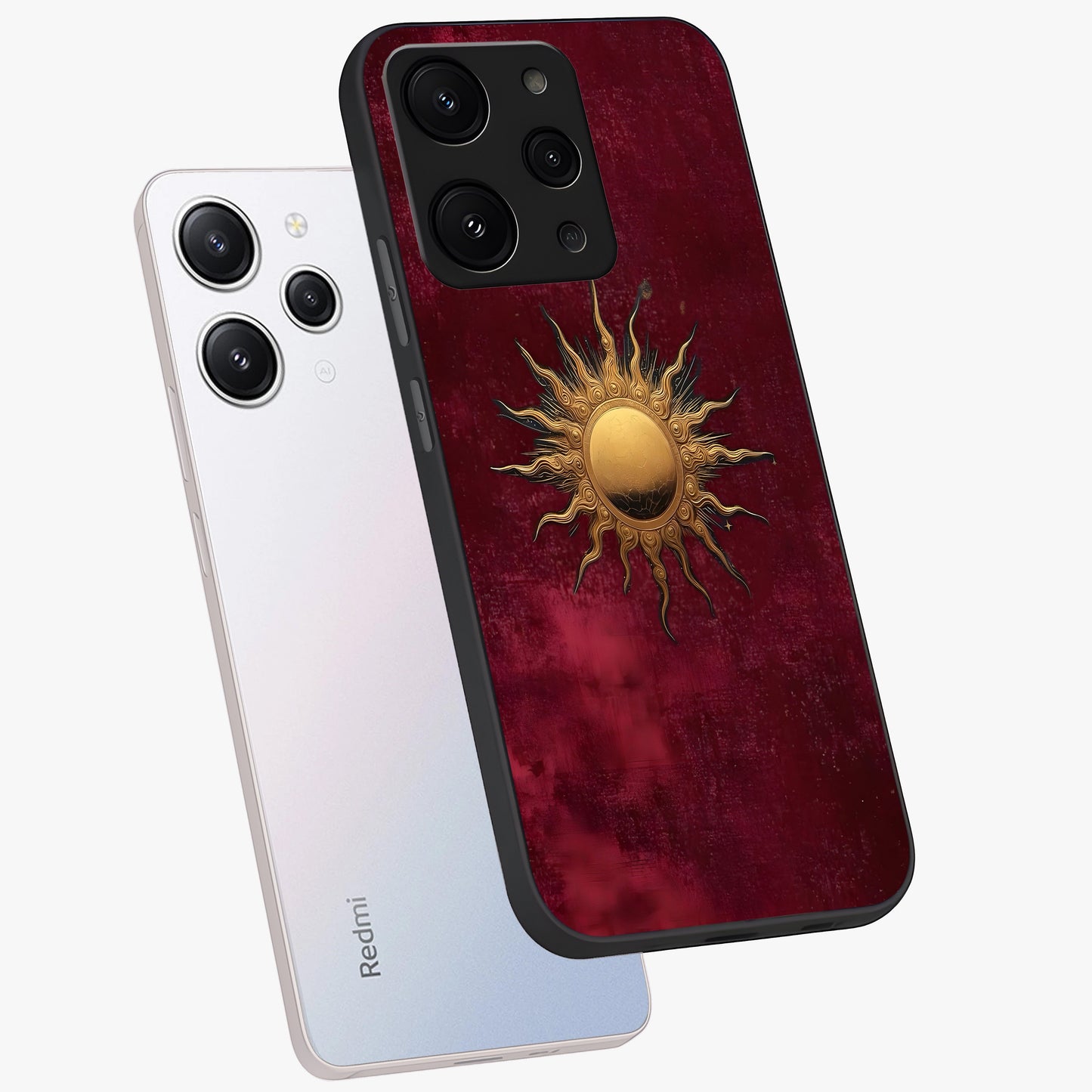 Golden Sun Minimalism Glass Case displayed in angled mockup highlighting clean sun symbol design with modern minimal aesthetic.