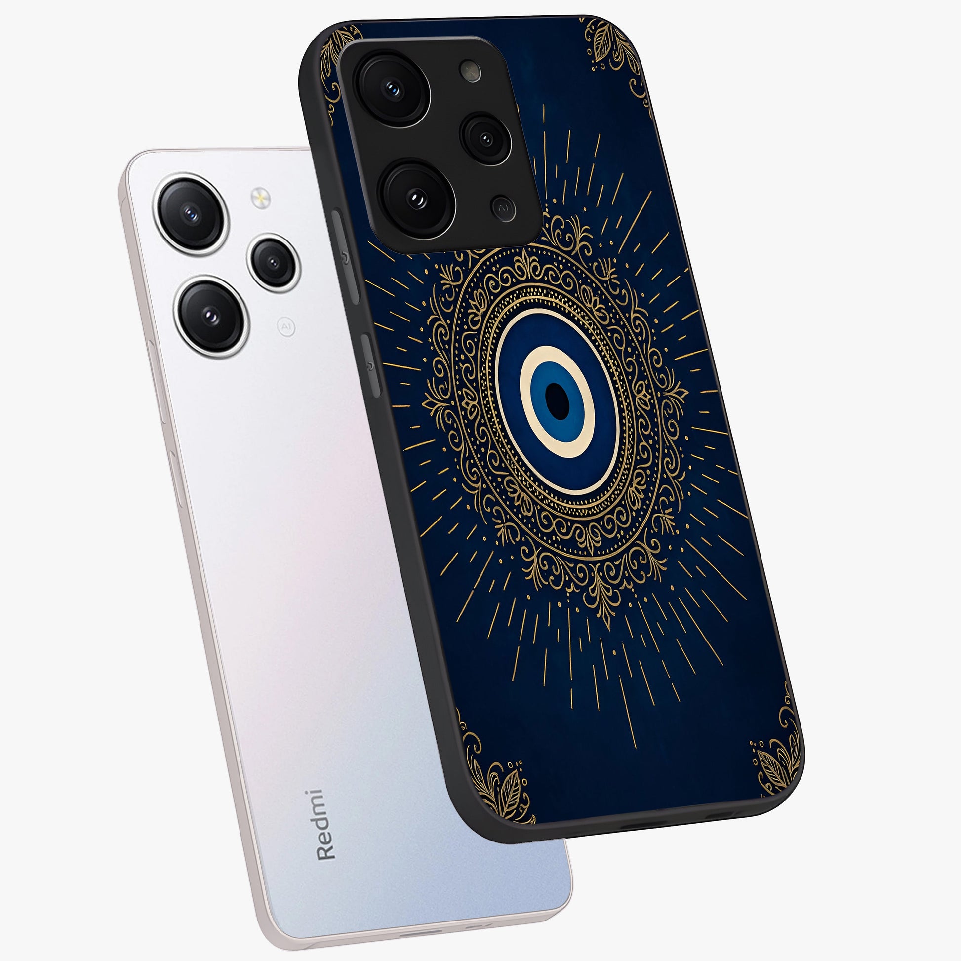 Golden Celestial Charm Glass Case displayed in angled mockup highlighting sparkling cosmic charm design with celestial aesthetic.
