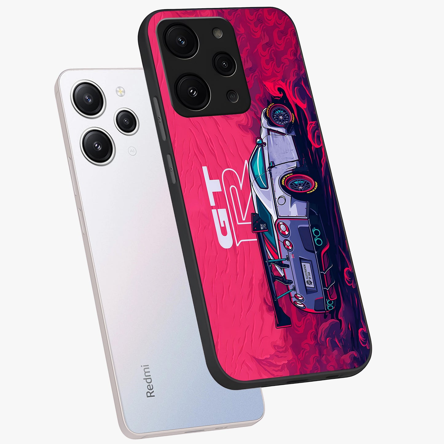 GT-R Car Pattern Glass Case displayed in angled mockup highlighting racing car graphic design with bold automotive aesthetic.