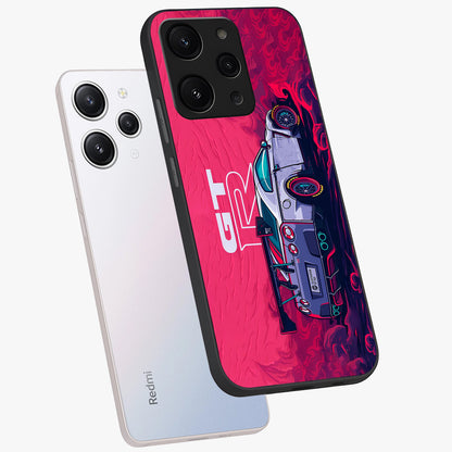 GT-R Car Pattern Glass Case displayed in angled mockup highlighting racing car graphic design with bold automotive aesthetic.