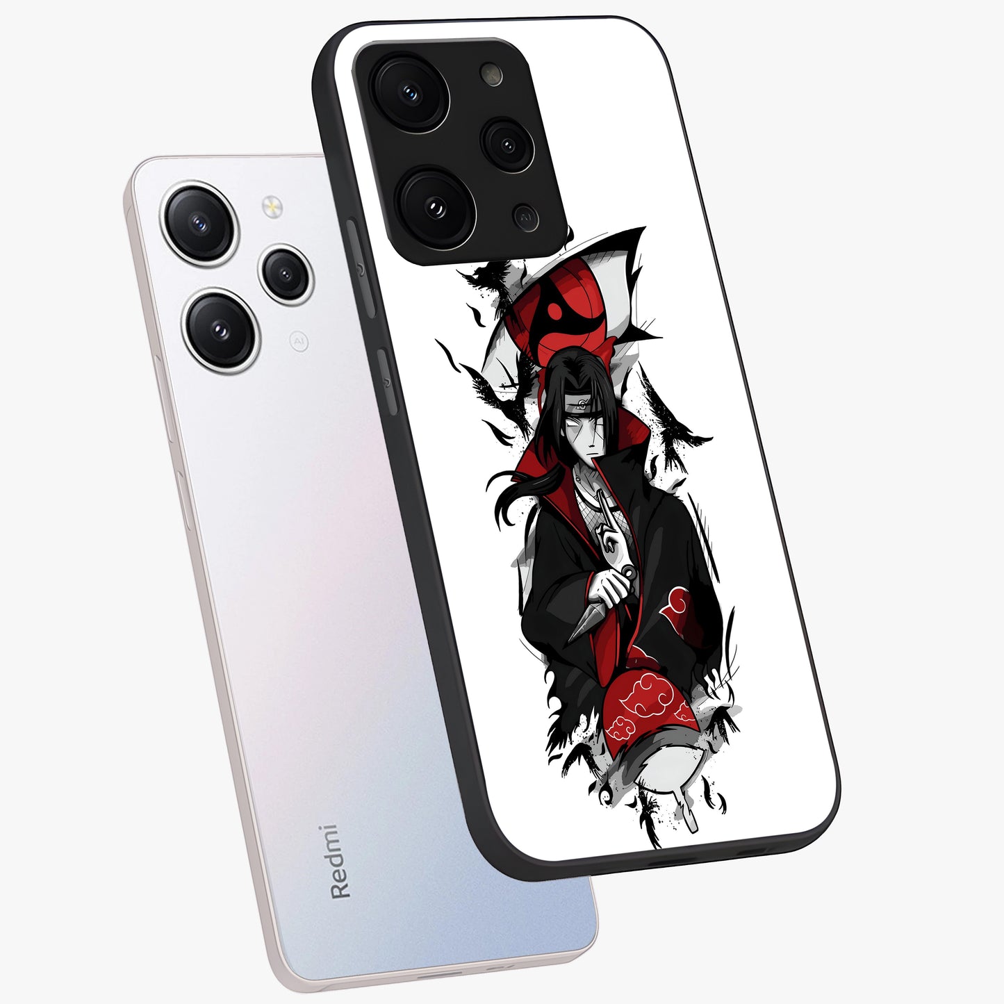 Itachi Limited Edition Naruto Anime Glass Case displayed in angled mockup highlighting dramatic anime illustration with bold action aesthetic.