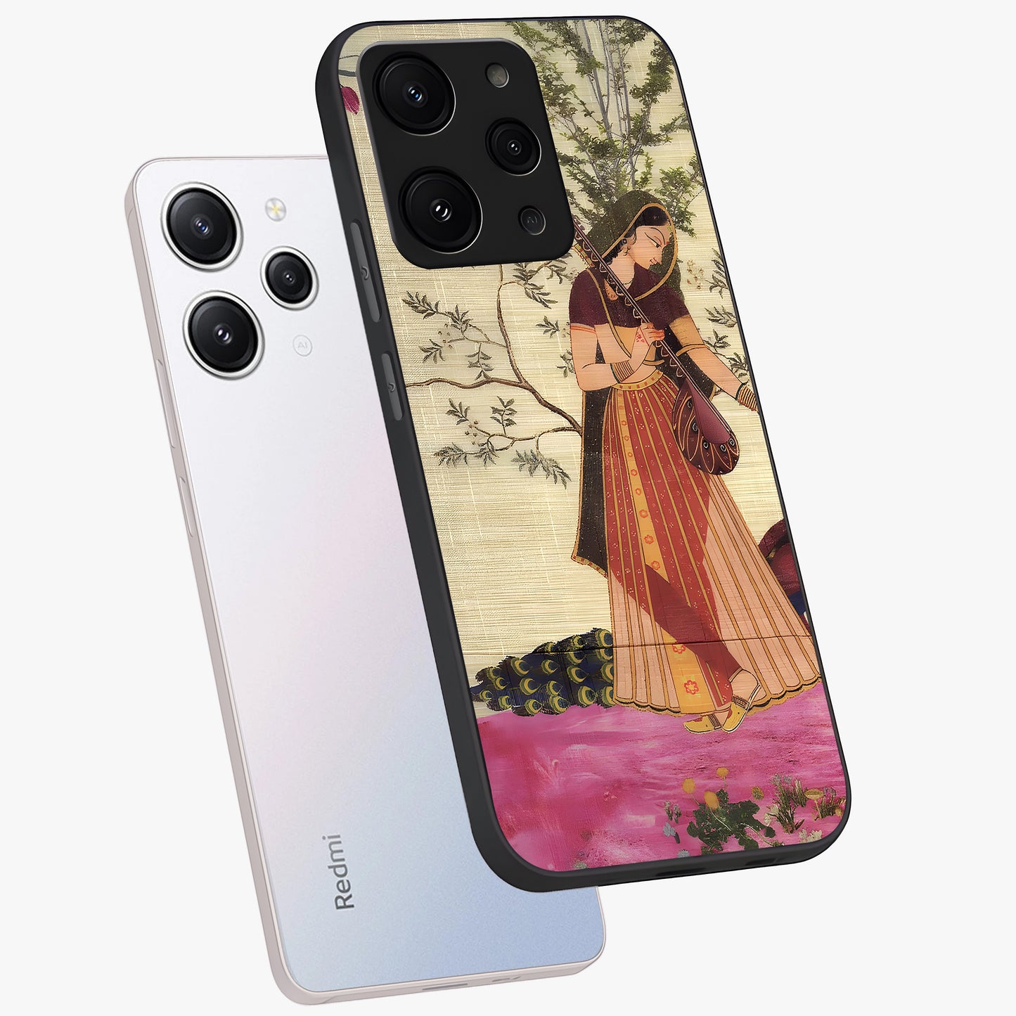 Lady With Veena Art Glass Case displayed in angled mockup highlighting graceful musical illustration with cultural artistic aesthetic.