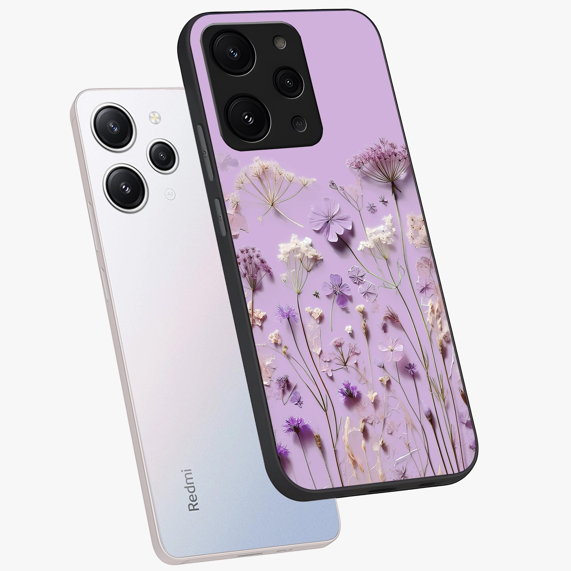 Lavender Blossom Dream Glass Case displayed in angled mockup highlighting dreamy lavender flower design with calming aesthetic style.