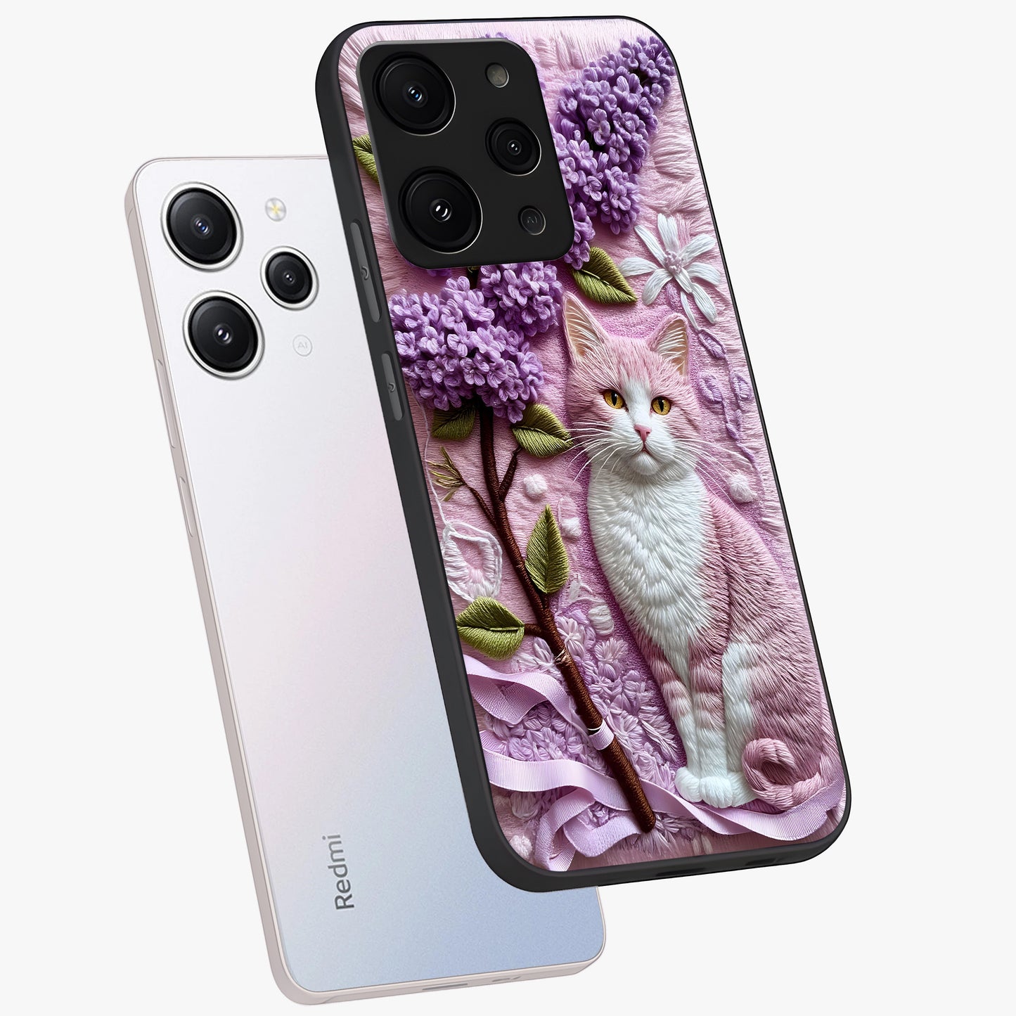 Lavender Cat Whimsy Glass Case displayed in angled mockup highlighting playful feline illustration with pastel lavender aesthetic.
