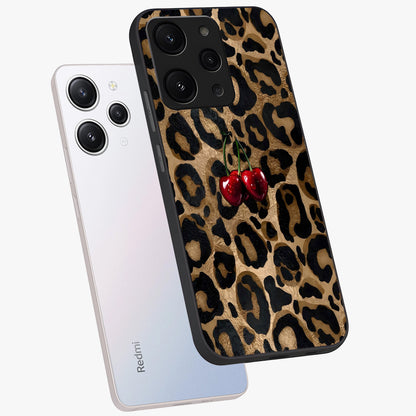Leopard Wild Cherry Glass Case displayed in angled mockup highlighting bold animal print design with playful cherry aesthetic.