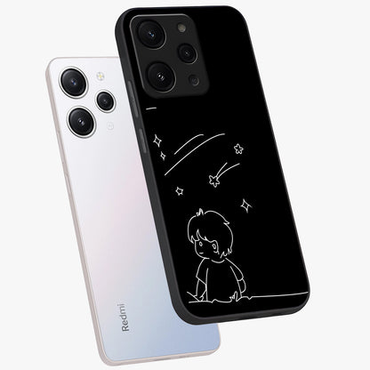 Line Art Boy With Shooting Stars Glass Case displayed in angled mockup highlighting elegant line art design with dreamy star aesthetic.
