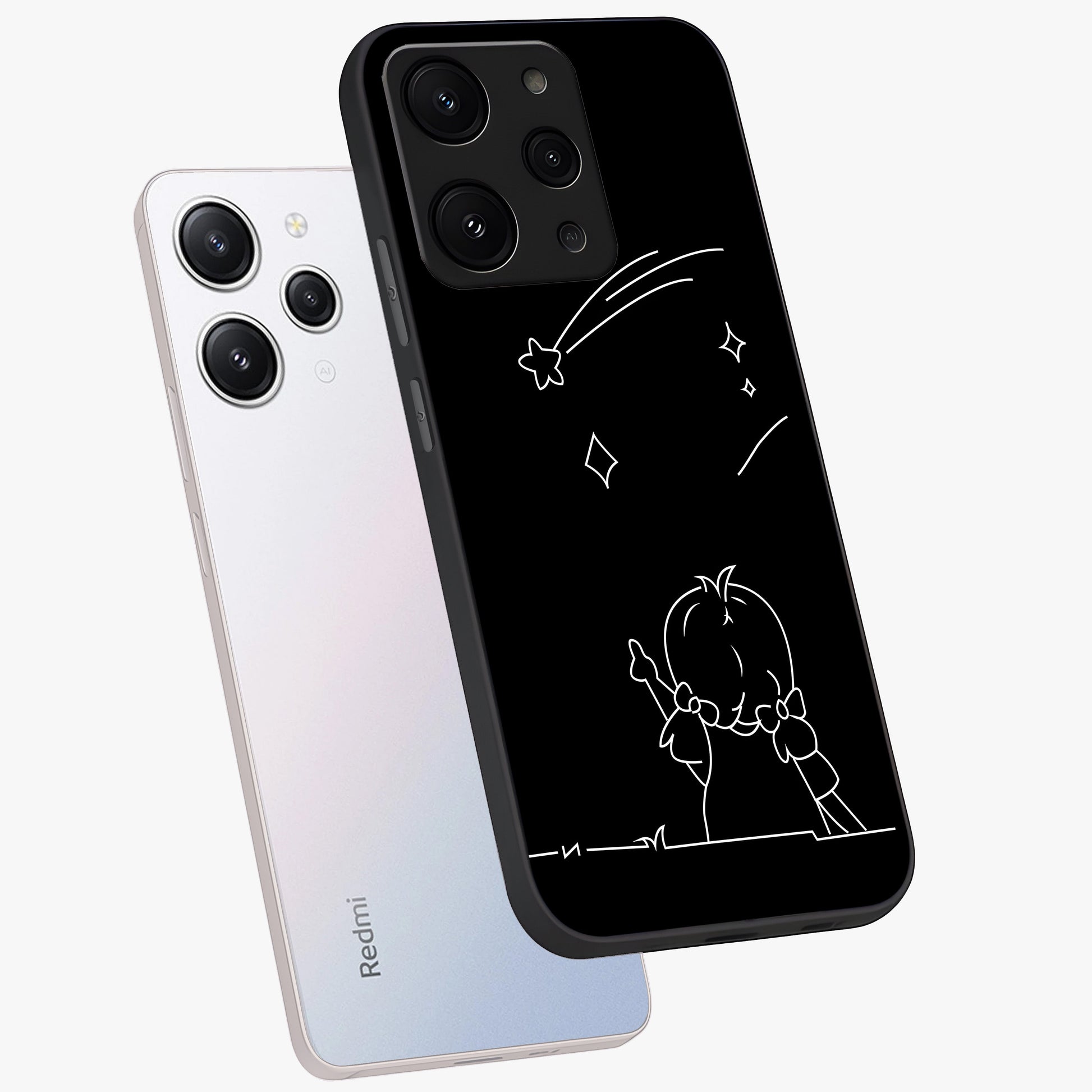 Line Art Girl With Shooting Stars Glass Case displayed in angled mockup highlighting elegant line art design with dreamy star aesthetic.