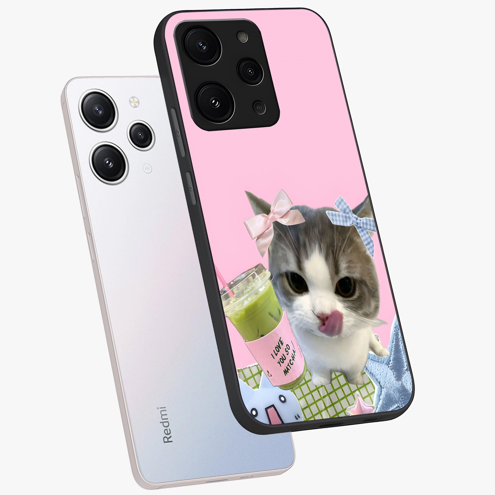 Love Matcha Cat Glass Case displayed in angled mockup highlighting playful feline illustration with cozy matcha aesthetic.