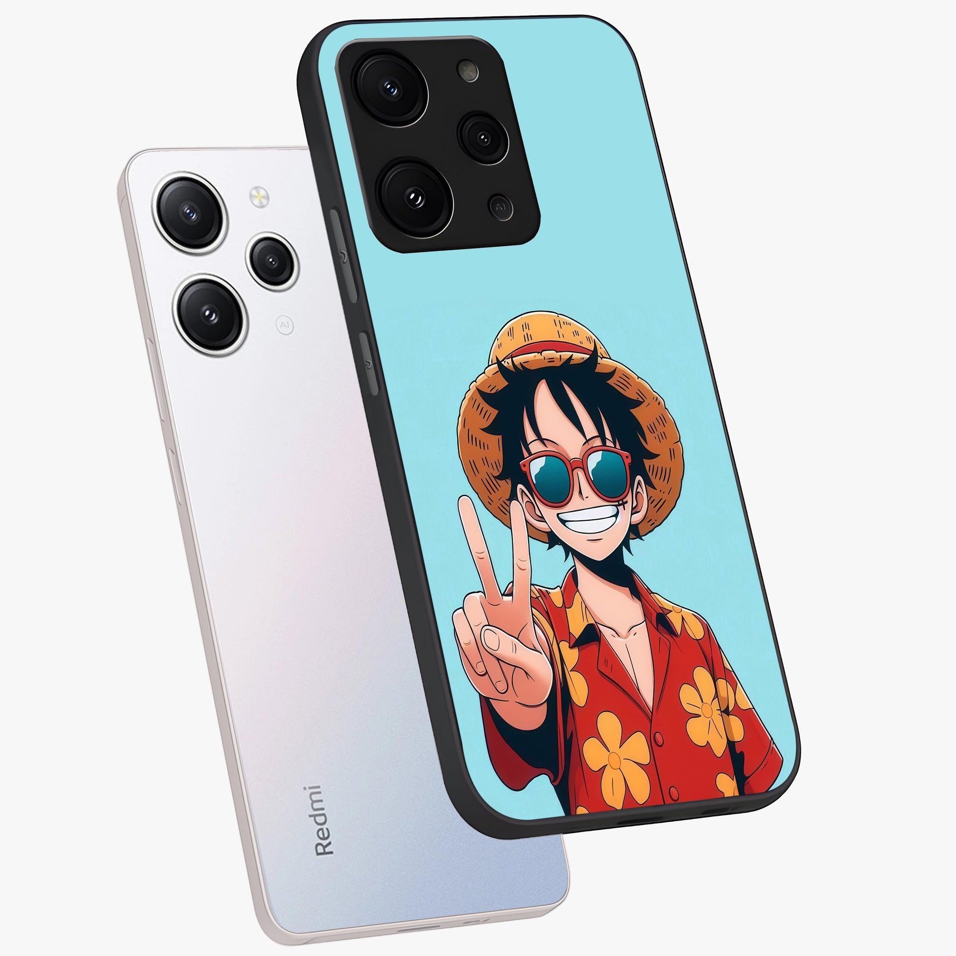 Luffy Summer Anime Vibe Glass Case displayed in angled mockup highlighting energetic anime illustration with summer vibe aesthetic.