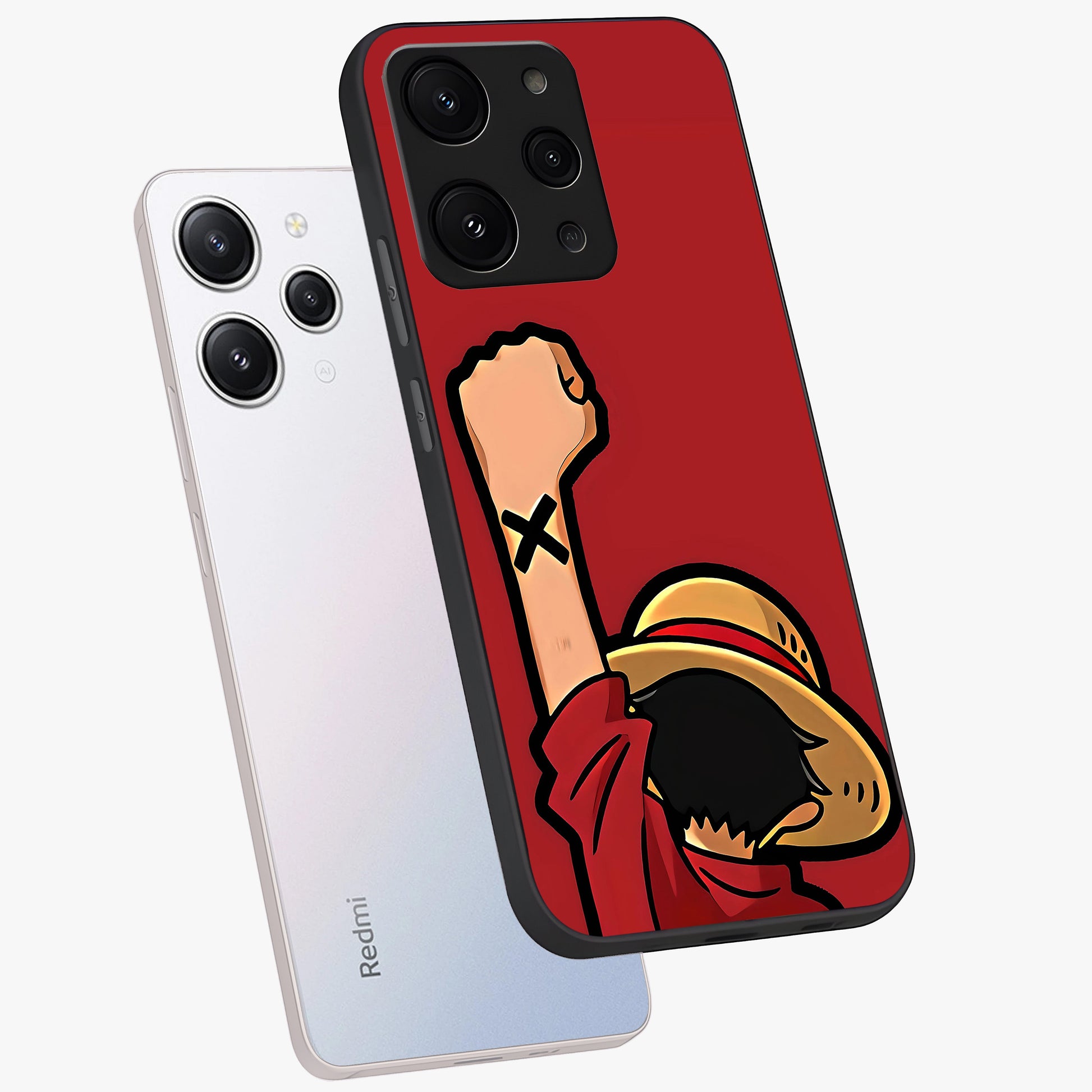 Luffy X Spirit Glass Case displayed in angled mockup highlighting powerful anime design with energetic action aesthetic.