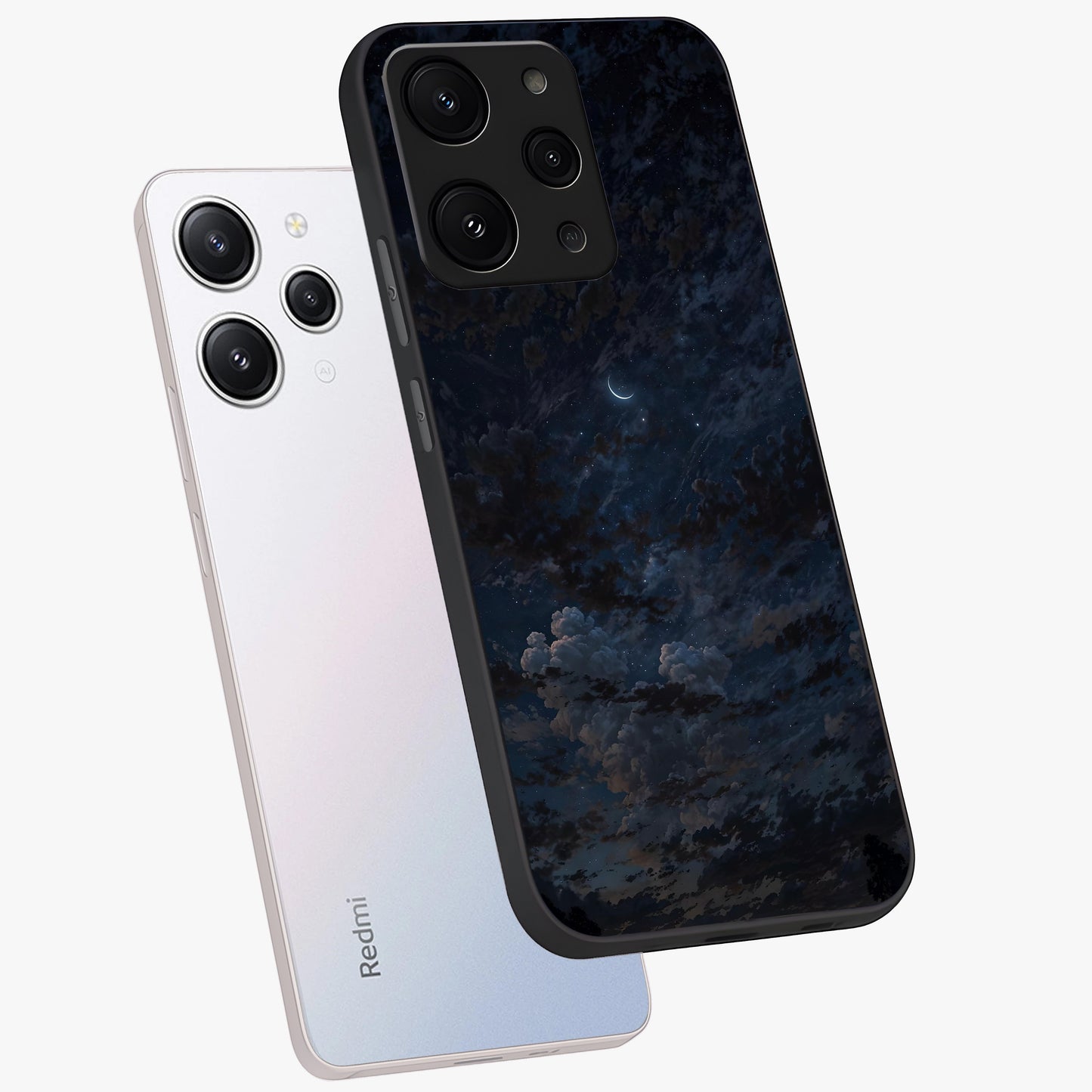 Lunar Veil Silence Glass Case displayed in angled mockup highlighting soft lunar design with peaceful celestial aesthetic.