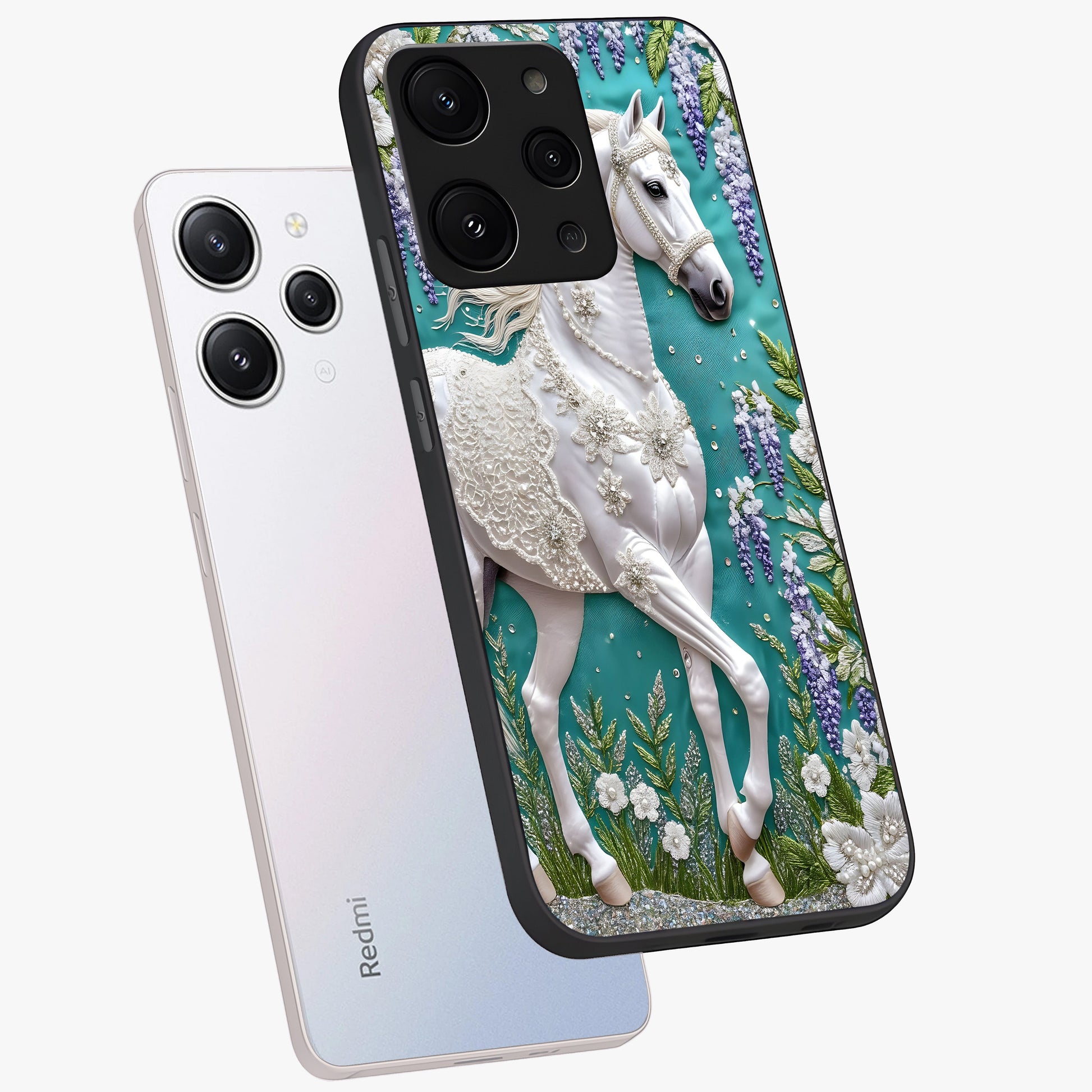 Majestic Floral Stallion Glass Case displayed in angled mockup highlighting majestic stallion illustration with elegant floral aesthetic.