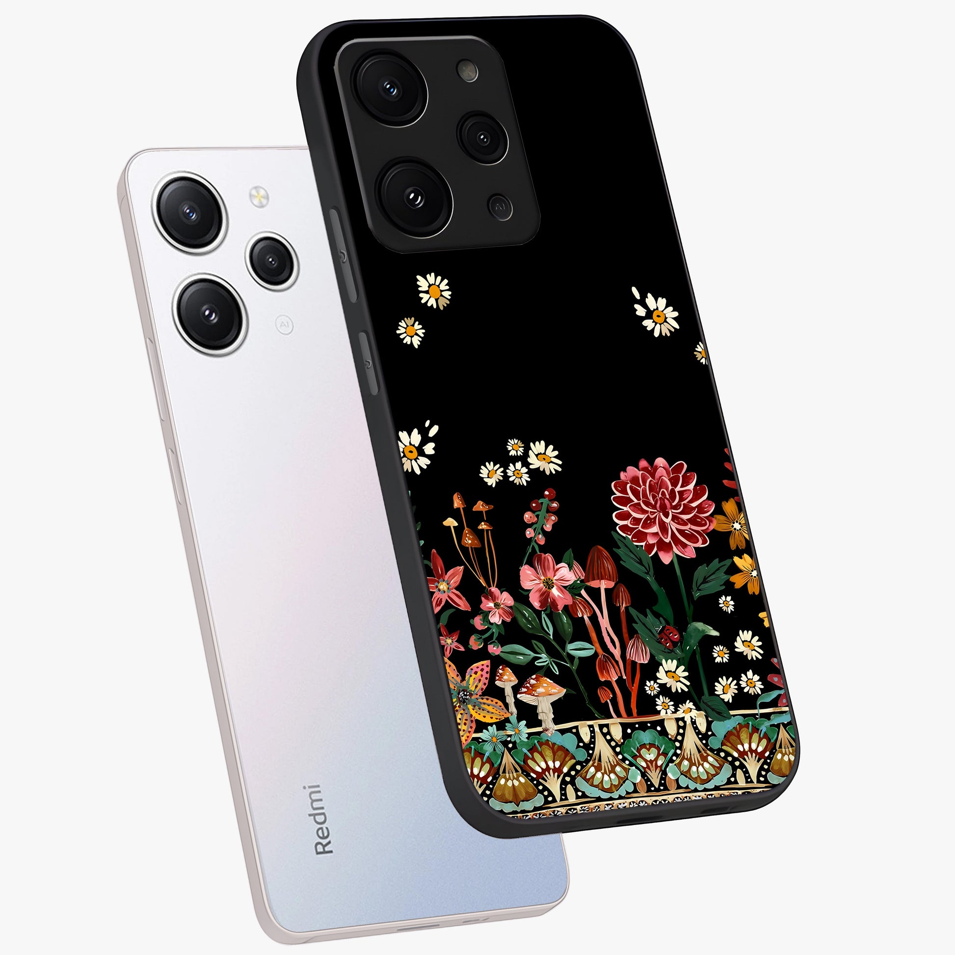 Midnight Bloom Pattern Glass Case displayed in angled mockup highlighting elegant flower design with midnight aesthetic style.