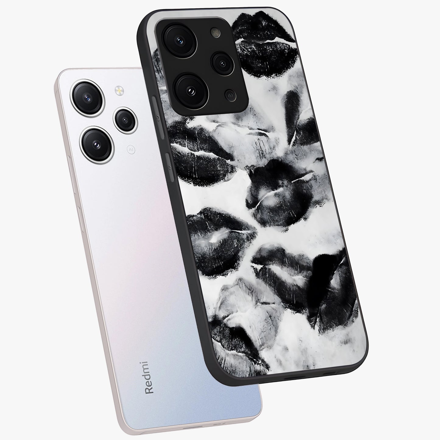Midnight Kiss Marks Glass Case displayed in angled mockup highlighting playful romantic design with bold midnight aesthetic.