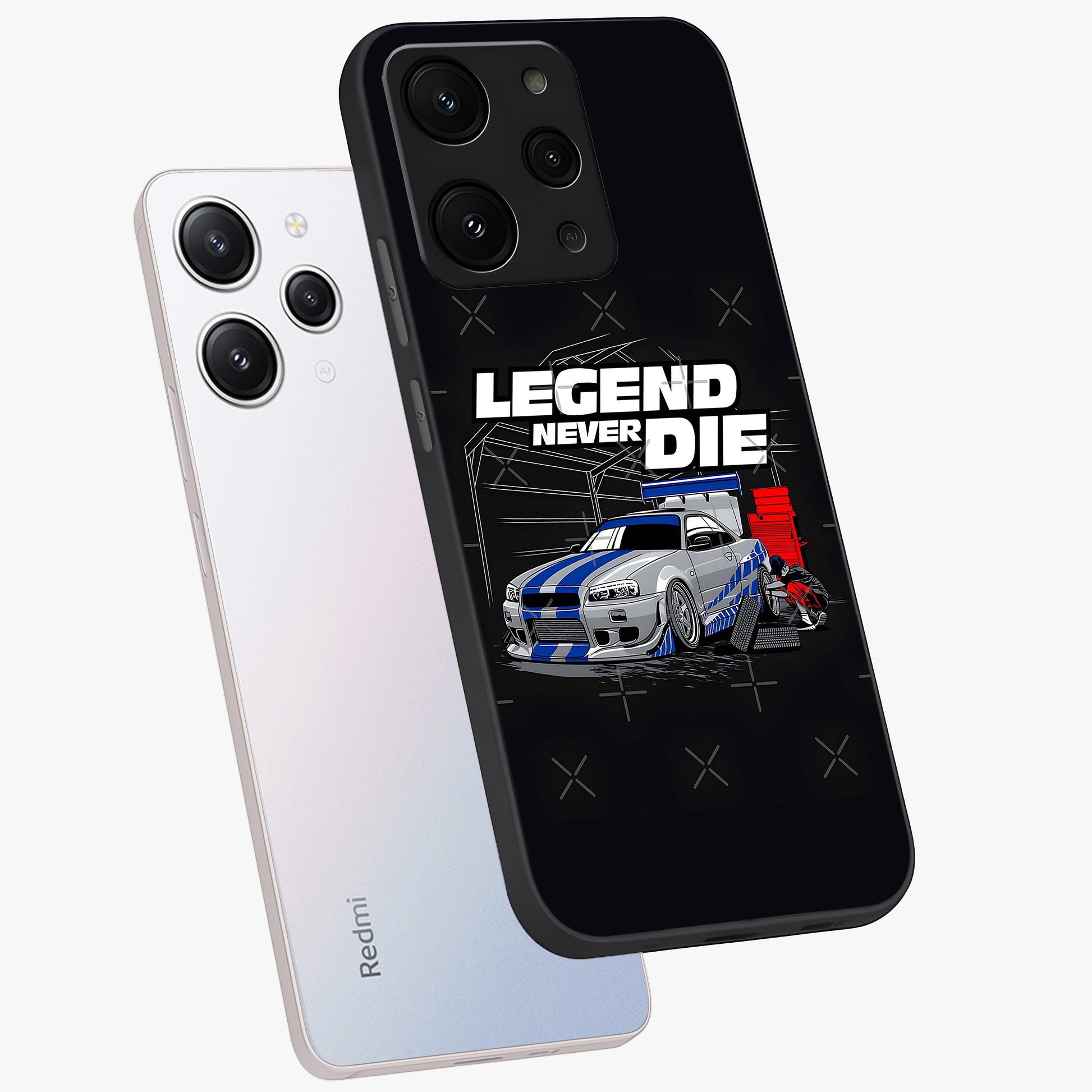 Midnight Racing Legacy Glass Case displayed in angled mockup highlighting dynamic automotive design with bold midnight aesthetic.