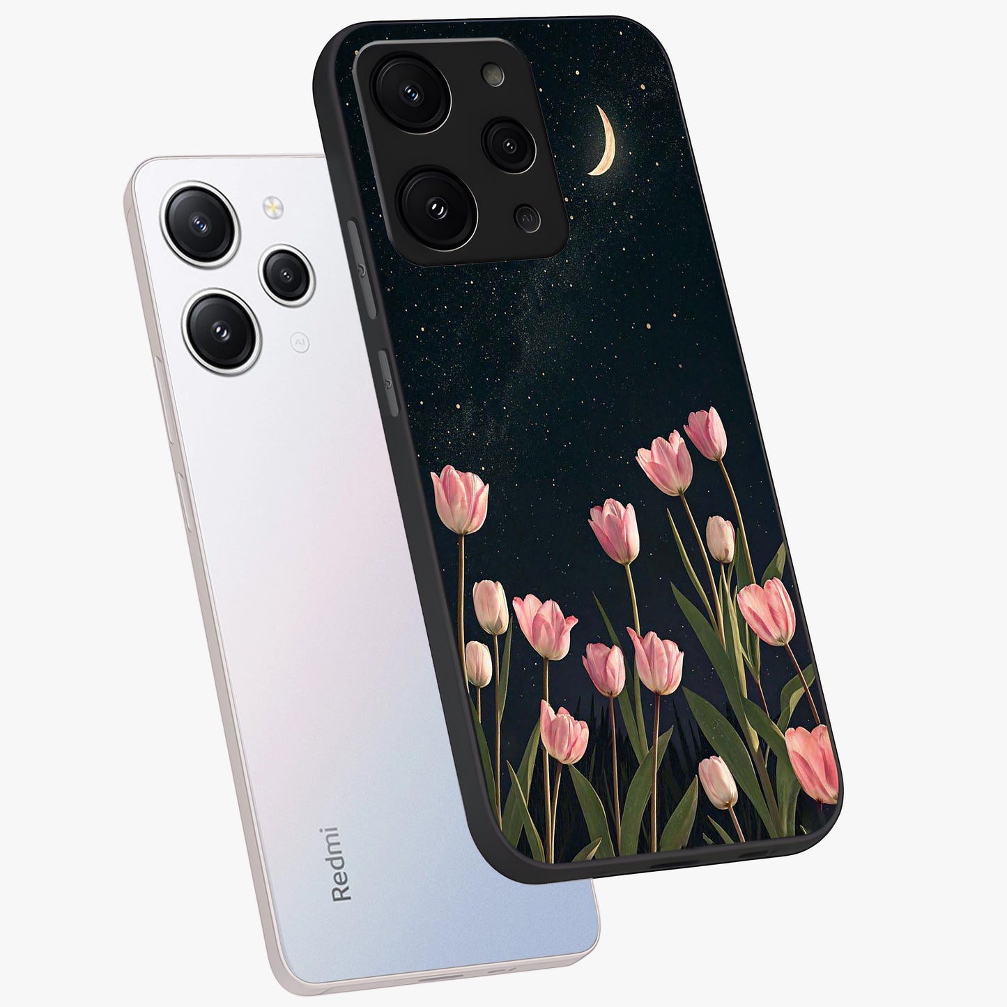 Midnight Tulip Whispers Vibe Glass Case displayed in angled mockup highlighting delicate tulip design with midnight floral aesthetic.
