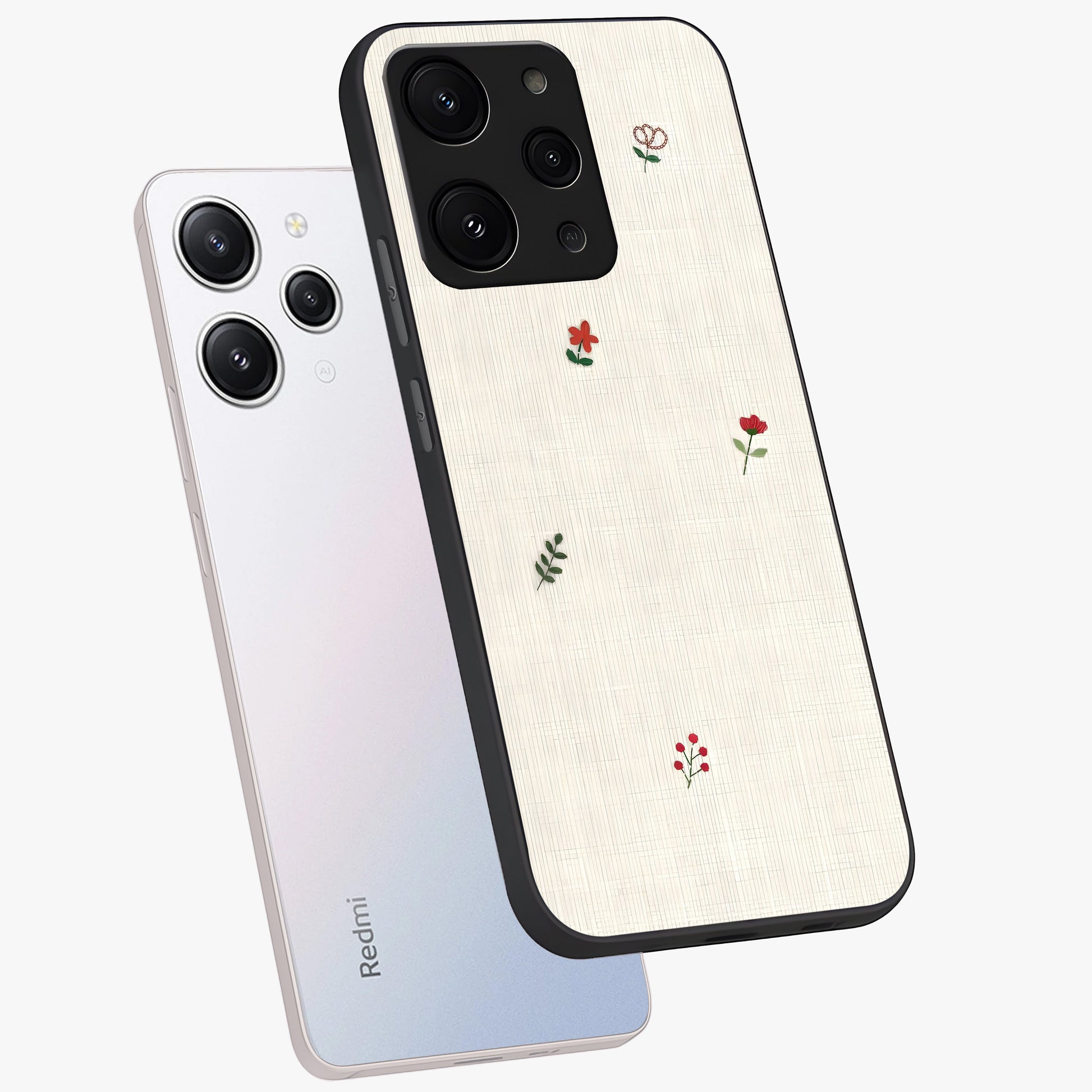 Minimalistic Blue With White Flower Pattern Glass Case displayed in angled mockup highlighting simple floral design with minimal aesthetic.