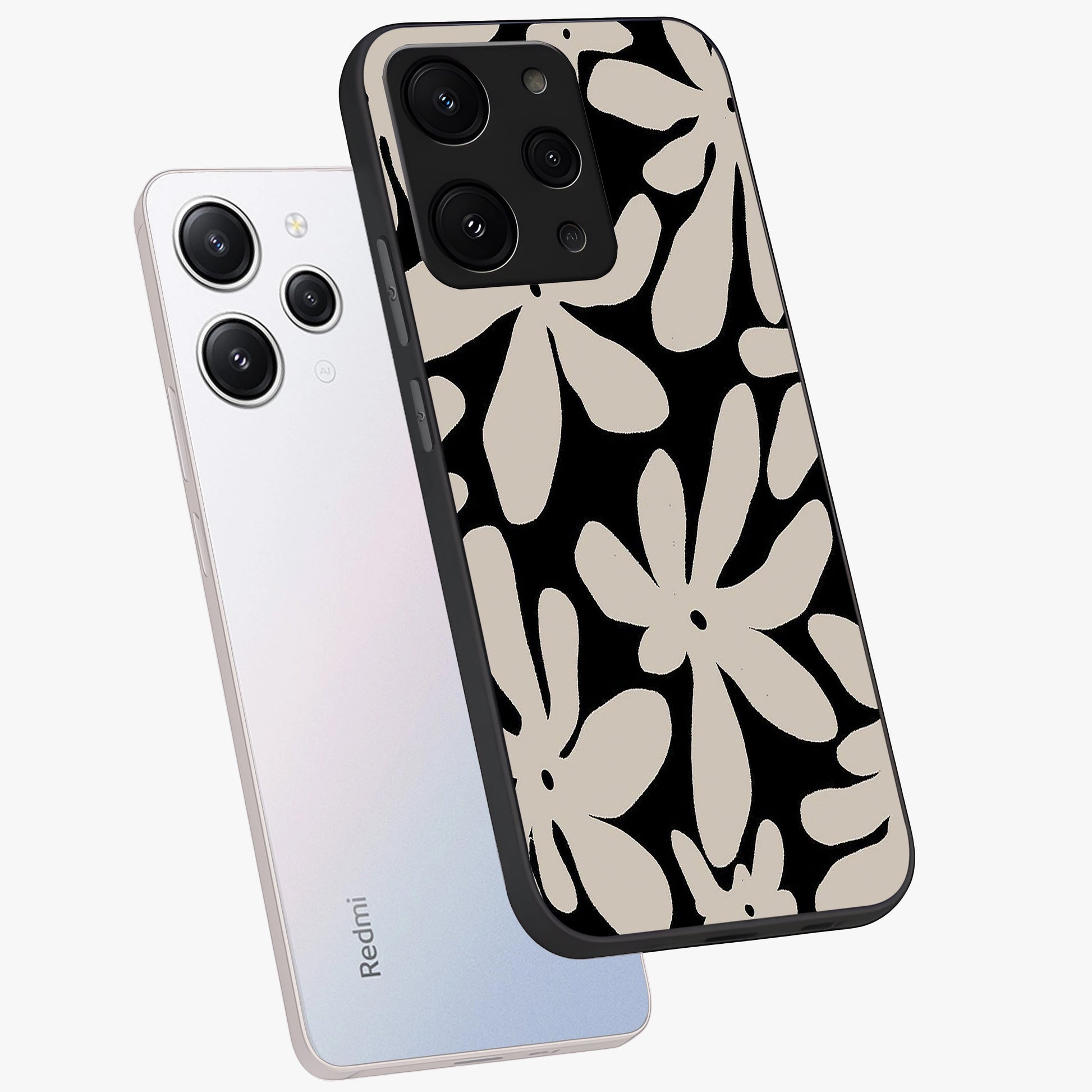 Monochrome Petal Dance Glass Case displayed in angled mockup highlighting elegant petal design with black and white aesthetic.