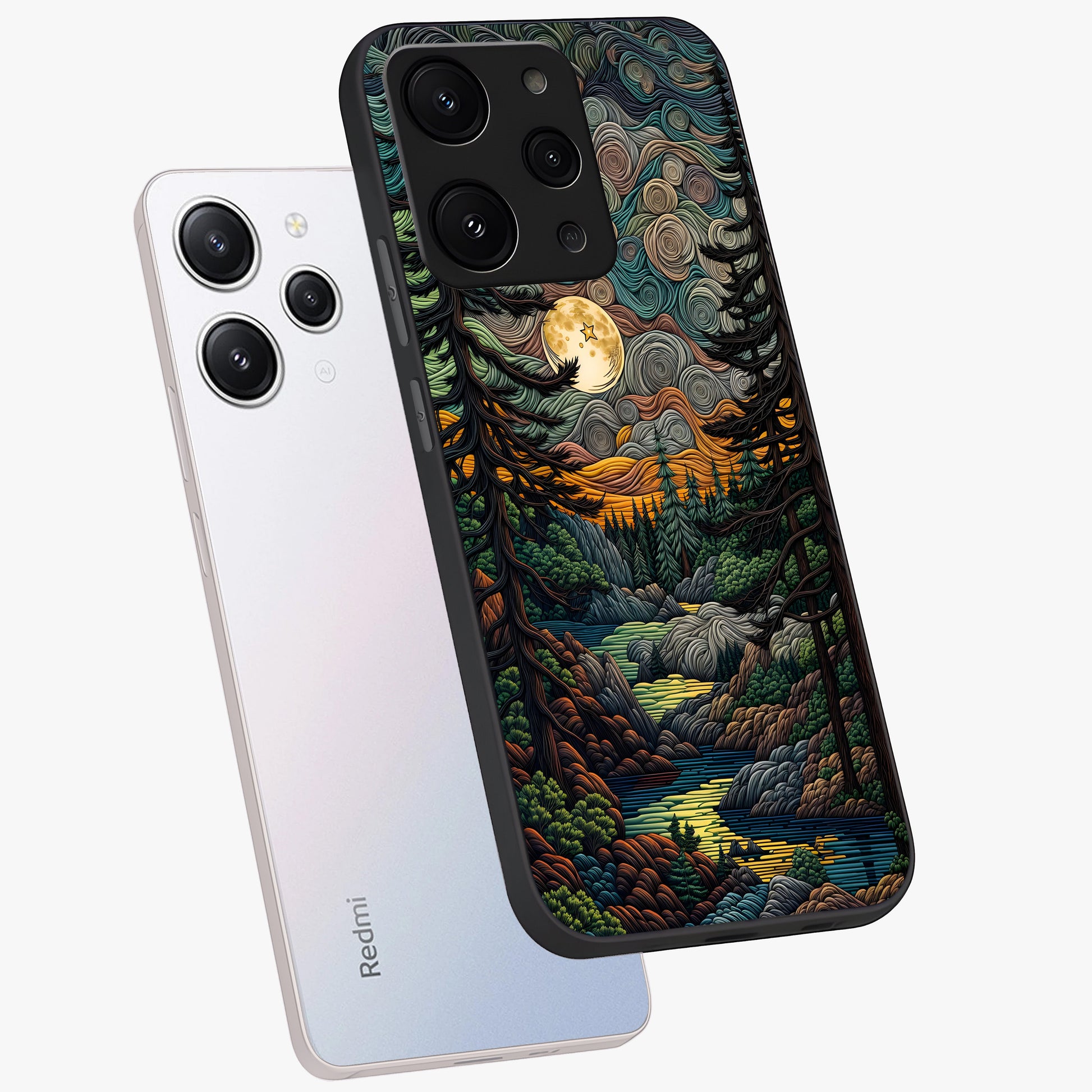 Moonlight Forest Dream Glass Case displayed in angled mockup highlighting dreamy forest design with glowing moon aesthetic.
