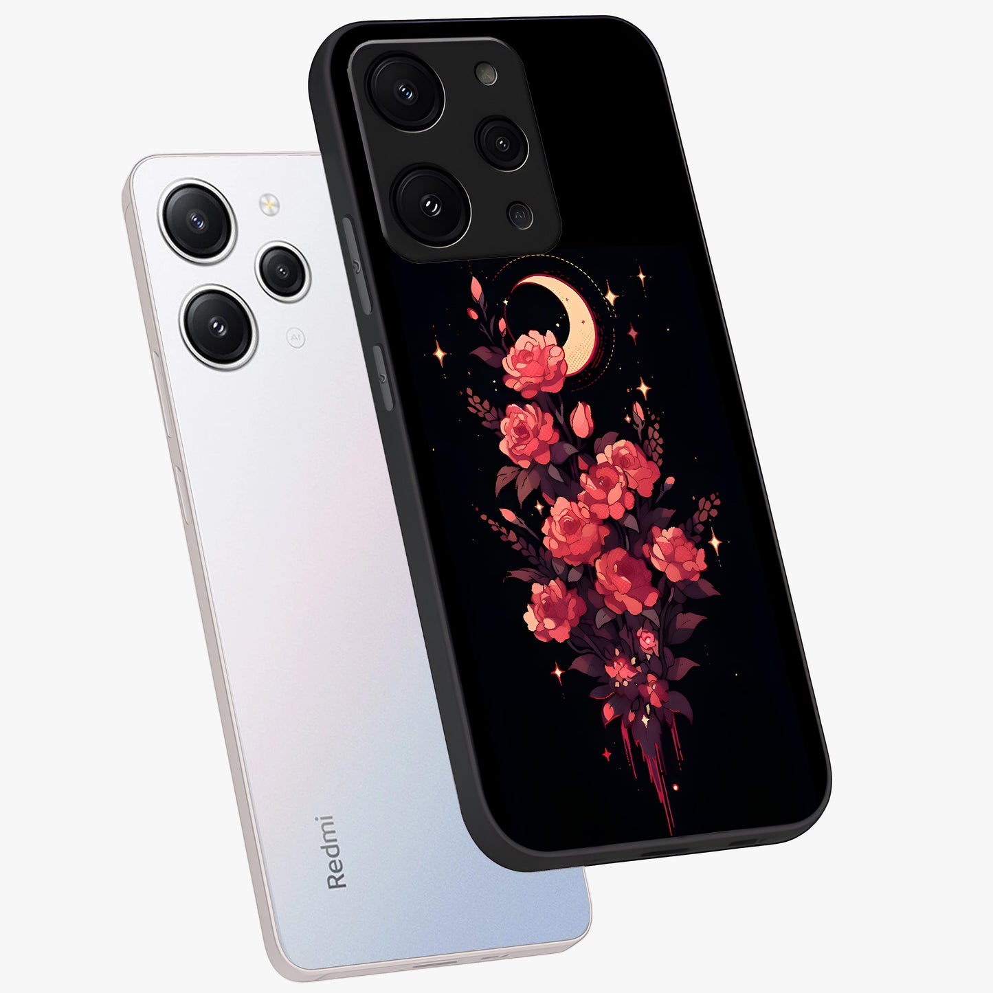 Moonlit Floral Elegance Glass Case displayed in angled mockup highlighting graceful flower design with soft moonlight aesthetic.