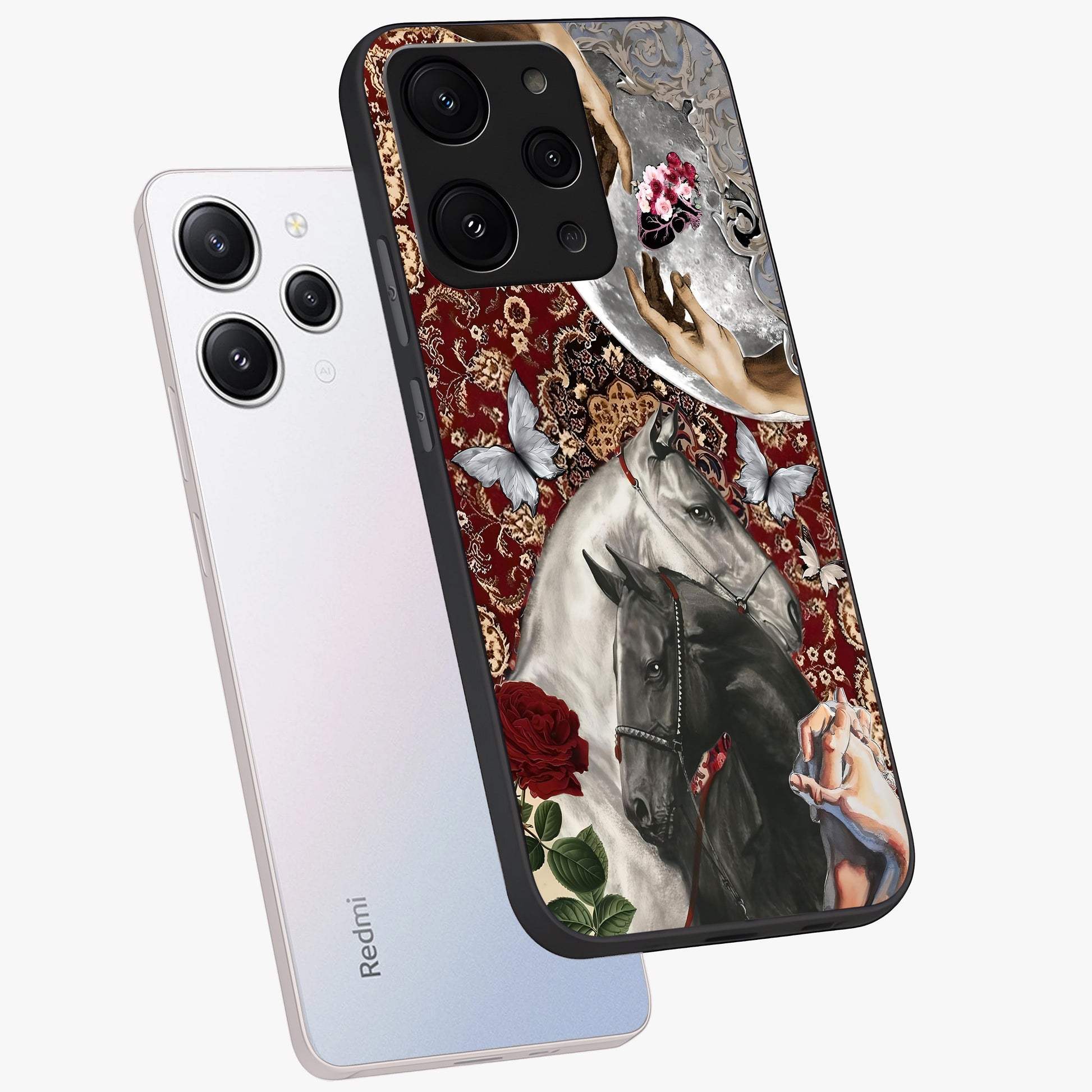 Moonlit Royal Stallion Glass Case displayed in angled mockup highlighting powerful stallion illustration with royal night aesthetic.