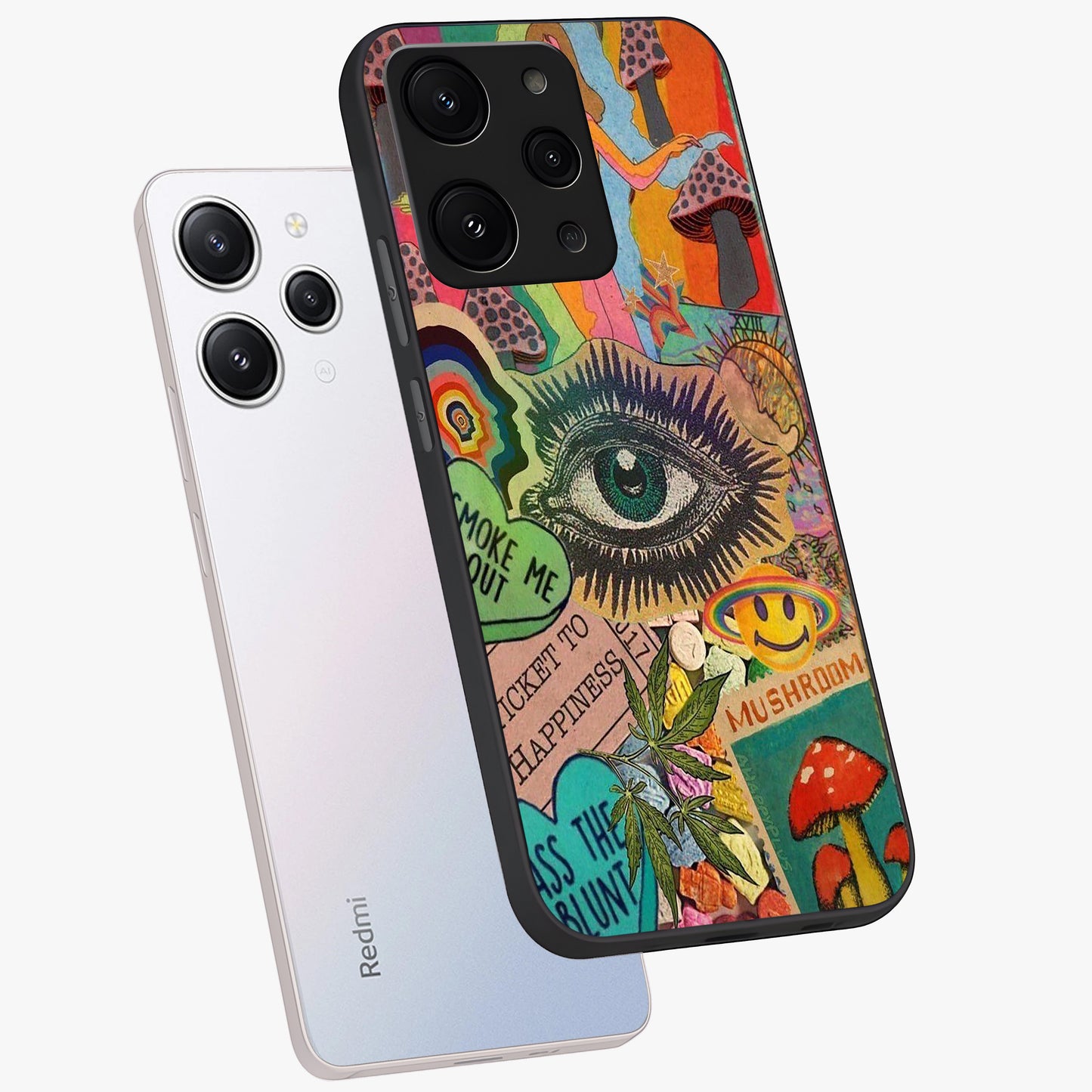 Mystic Eye Wonderland Glass Case displayed in angled mockup highlighting magical eye illustration with dreamy aesthetic.